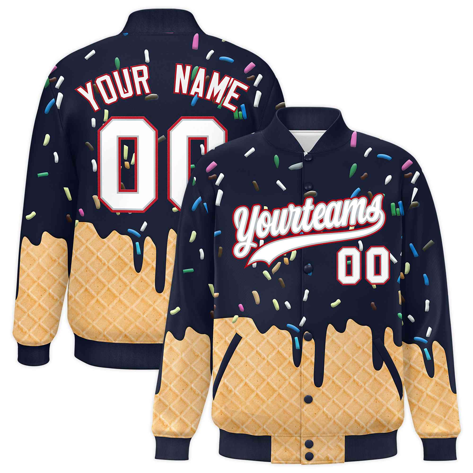 Custom Navy Ice Cream Cone Graffiti Pattern Full-Snap Varsity Letterman Jackets| KXKSHOP