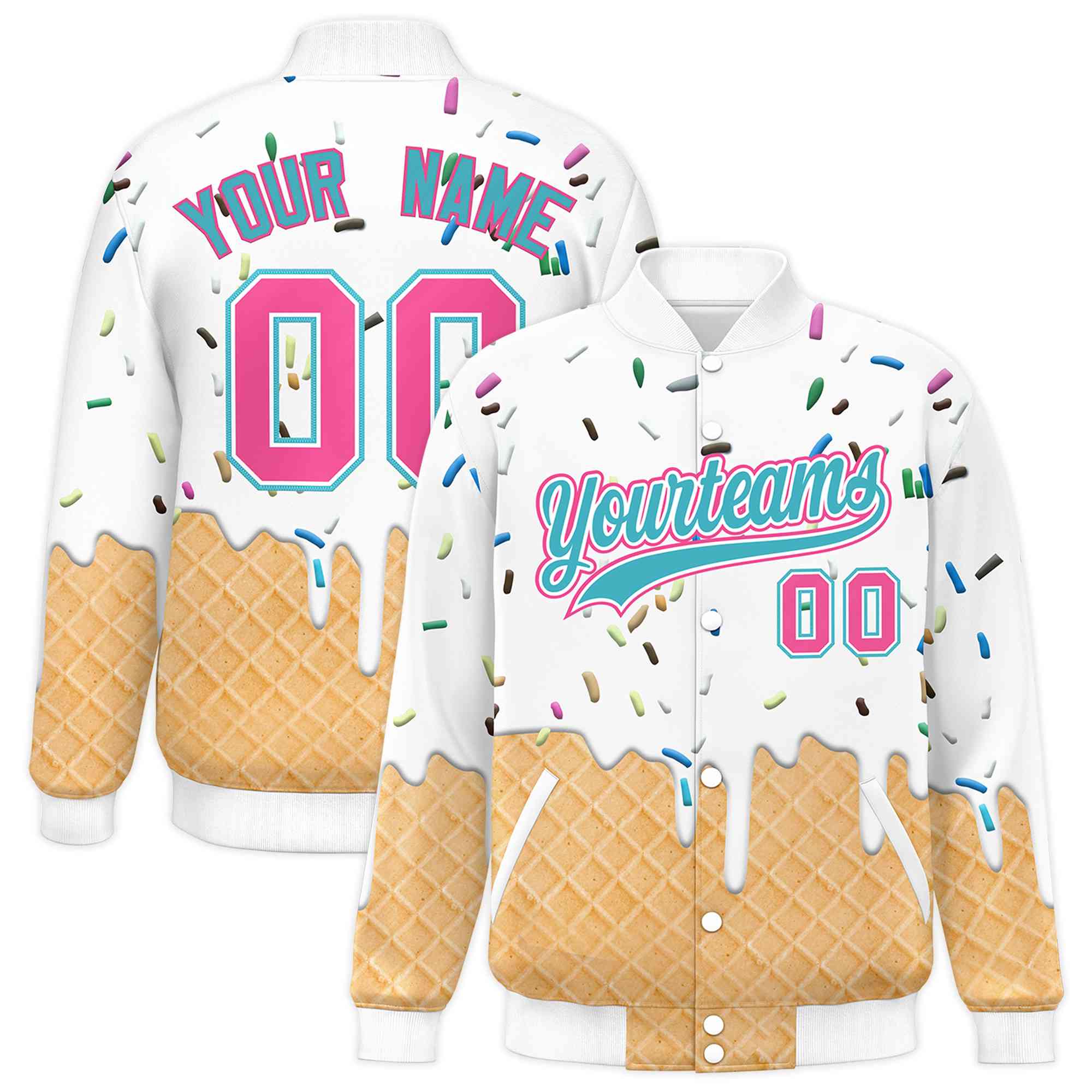 Custom White Ice Cream Cone Graffiti Pattern Full-Snap Varsity Letterman Jackets| KXKSHOP