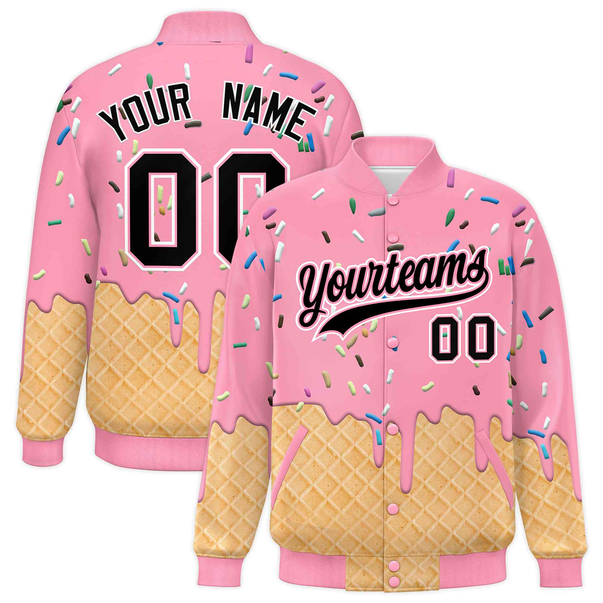 Custom Light Pink Ice Cream Cone Graffiti Pattern Full-Snap Varsity Letterman Jackets| KXKSHOP