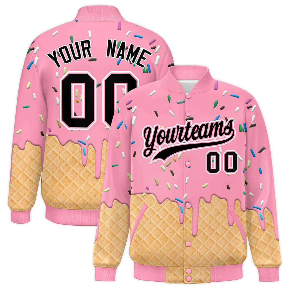 Custom Light Pink Ice Cream Cone Graffiti Pattern Full-Snap Varsity Letterman Jackets| KXKSHOP