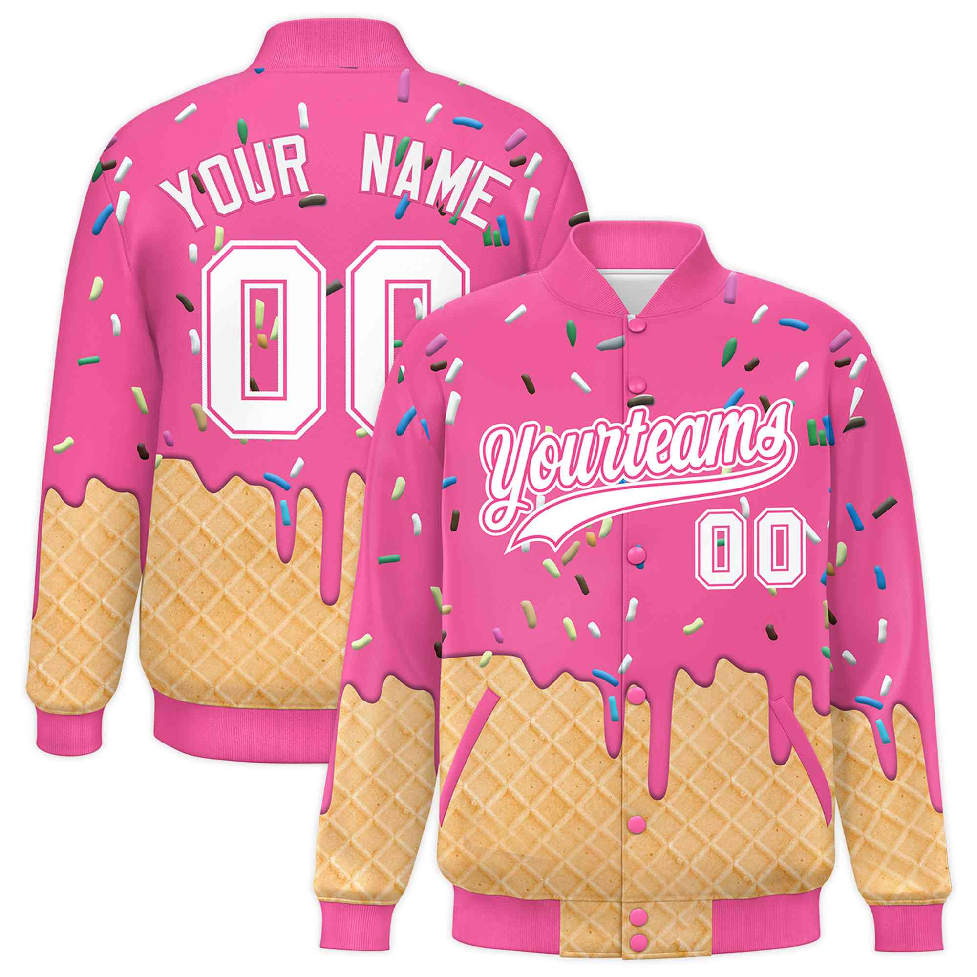 Custom Pink Ice Cream Cone Graffiti Pattern Full-Snap Varsity Letterman Jackets| KXKSHOP