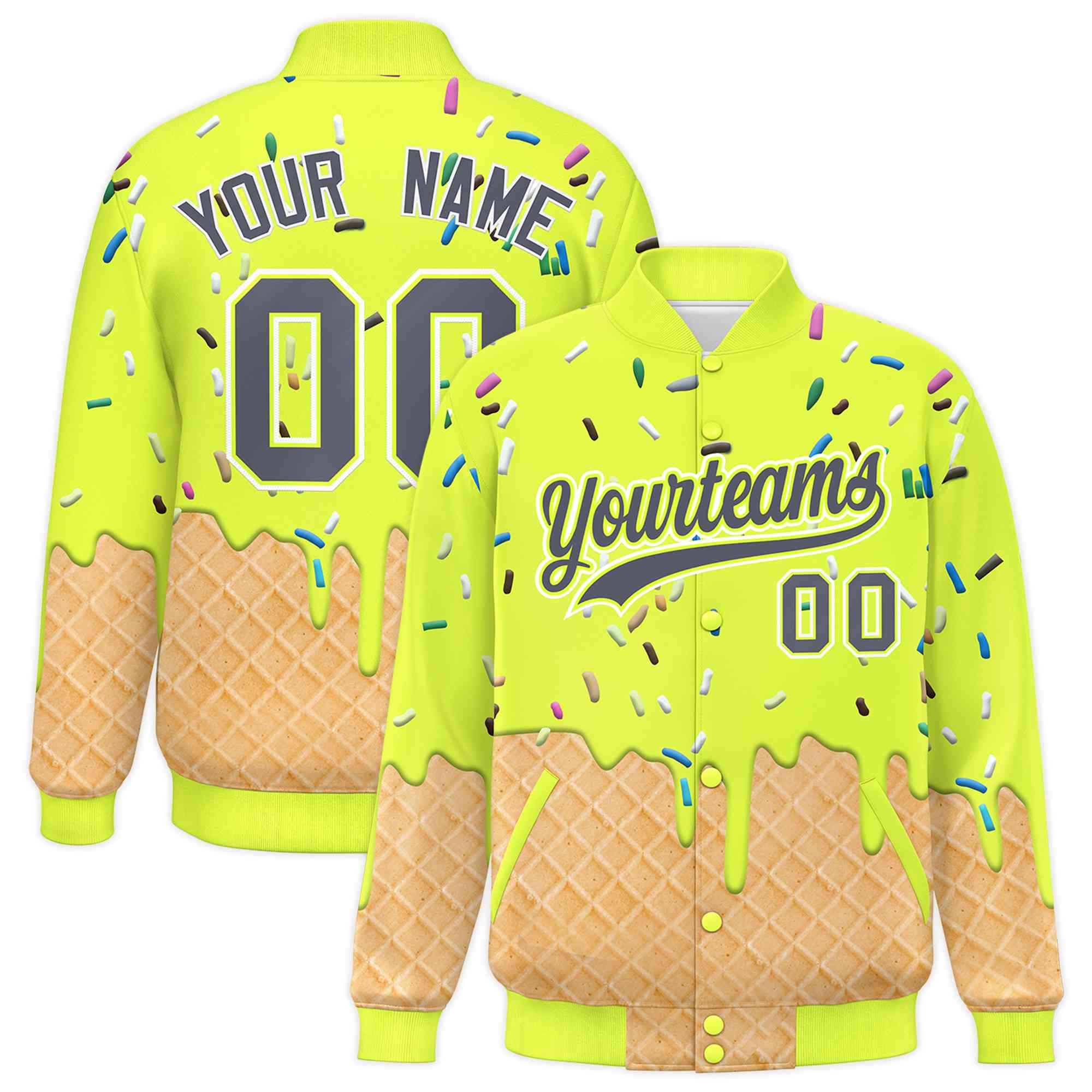 Custom Fluorescent Green Ice Cream Cone Graffiti Pattern Full-Snap Varsity Letterman Jackets| KXKSHOP