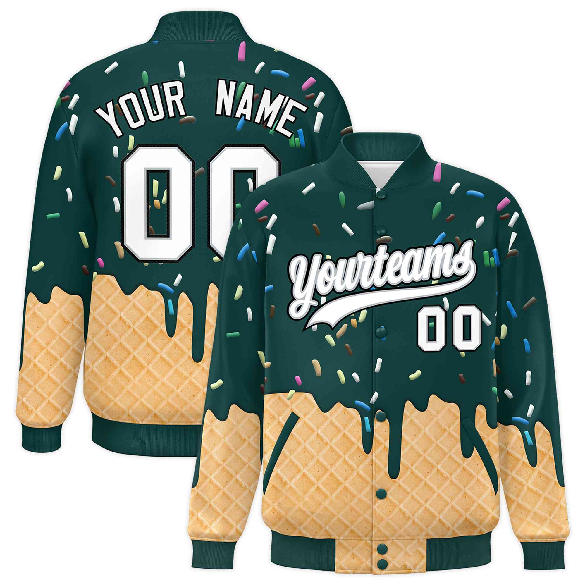 Custom Midnight Green Ice Cream Cone Graffiti Pattern Full-Snap Varsity Letterman Jackets| KXKSHOP