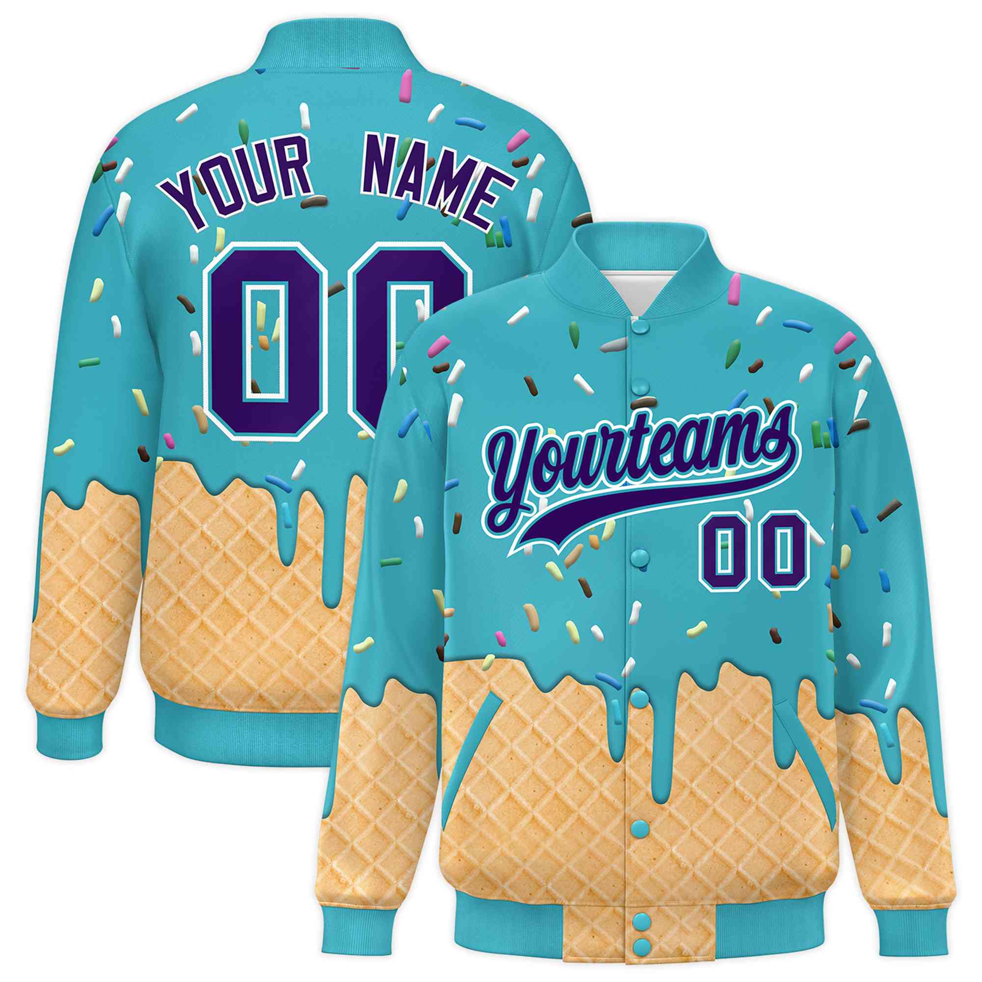 Custom Sky Blue Ice Cream Cone Graffiti Pattern Full-Snap Varsity Letterman Jackets| KXKSHOP