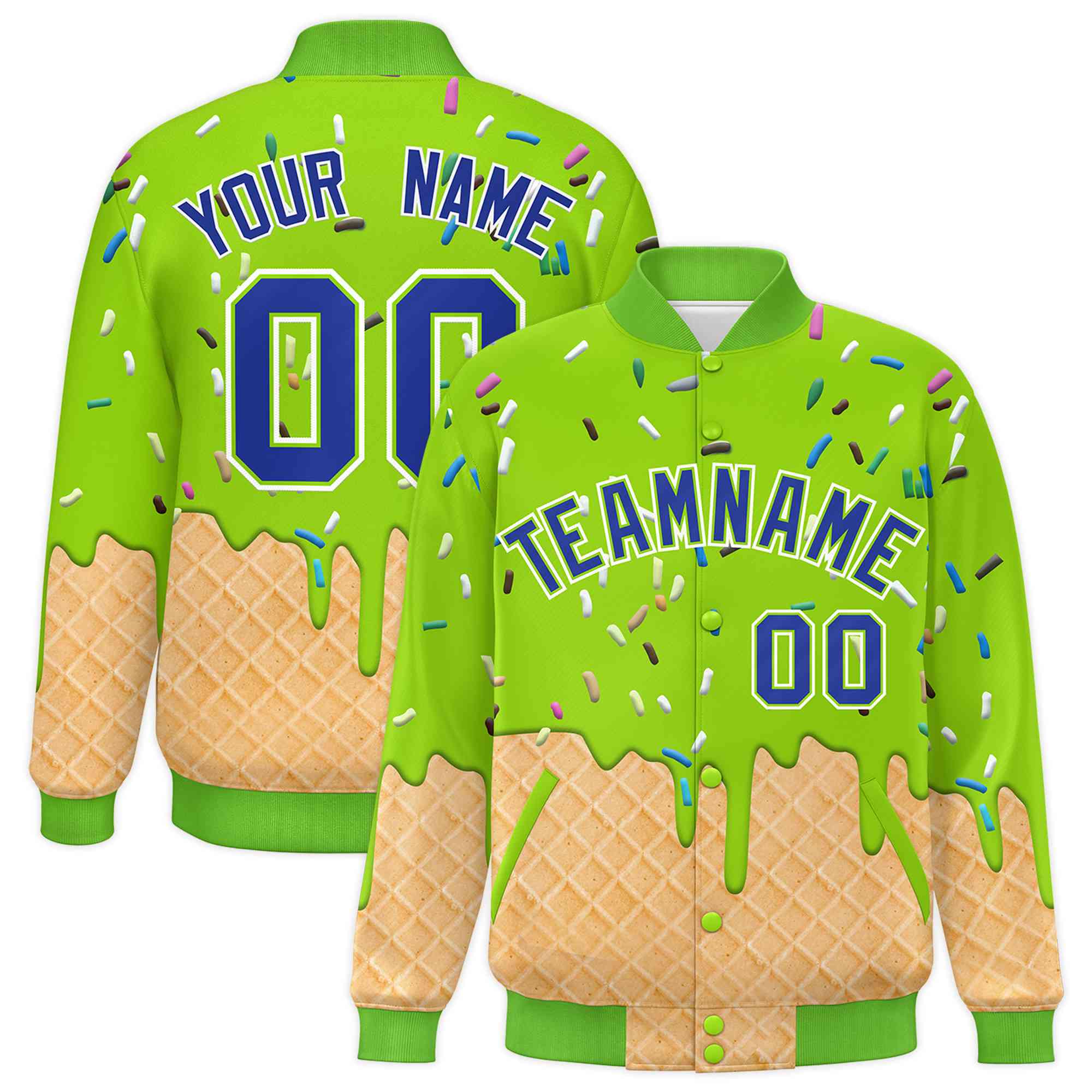 Custom Neon Green Ice Cream Cone Graffiti Pattern Full-Snap Varsity Letterman Jackets| KXKSHOP