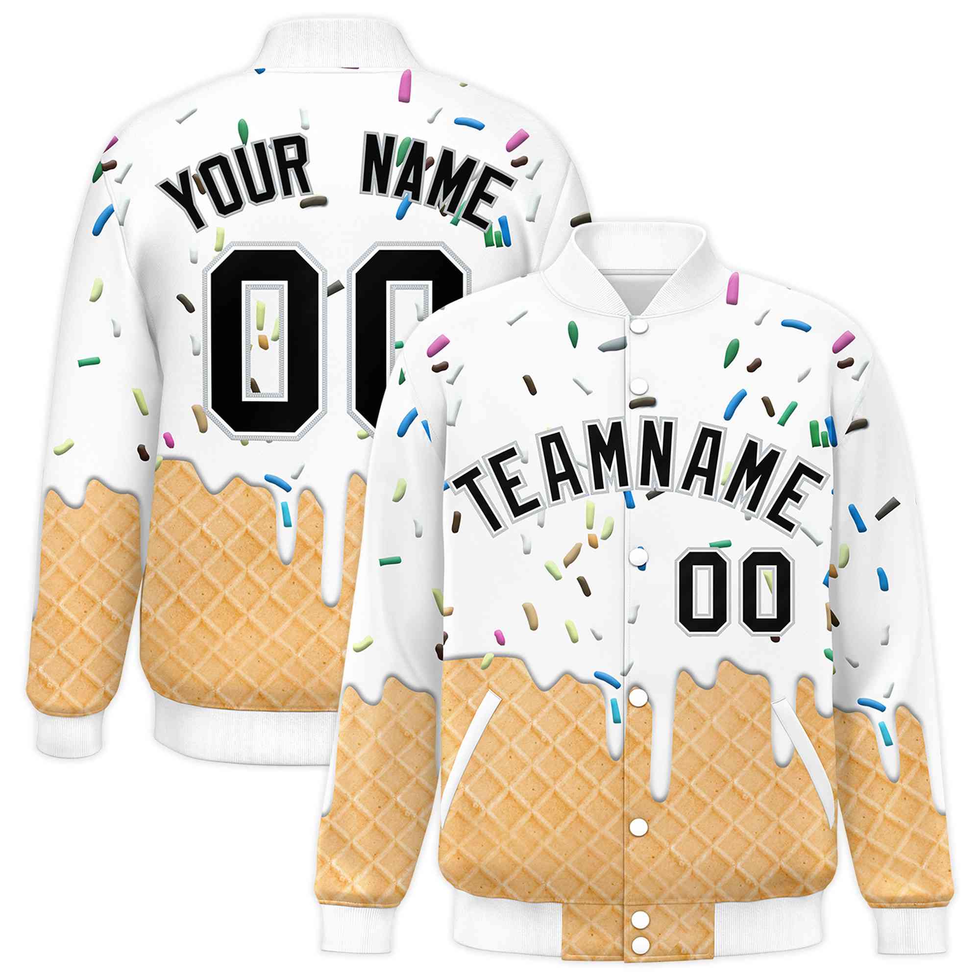Custom White Ice Cream Cone Graffiti Pattern Full-Snap Varsity Letterman Jackets| KXKSHOP