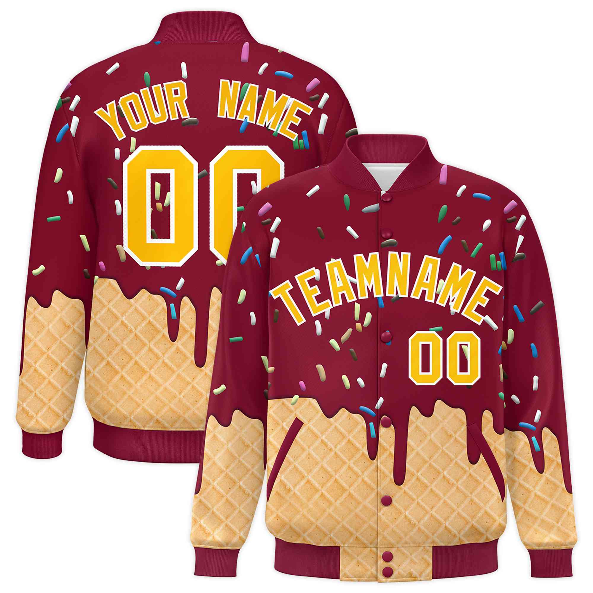 Custom Crimson Ice Cream Cone Graffiti Pattern Full-Snap Varsity Letterman Jackets| KXKSHOP