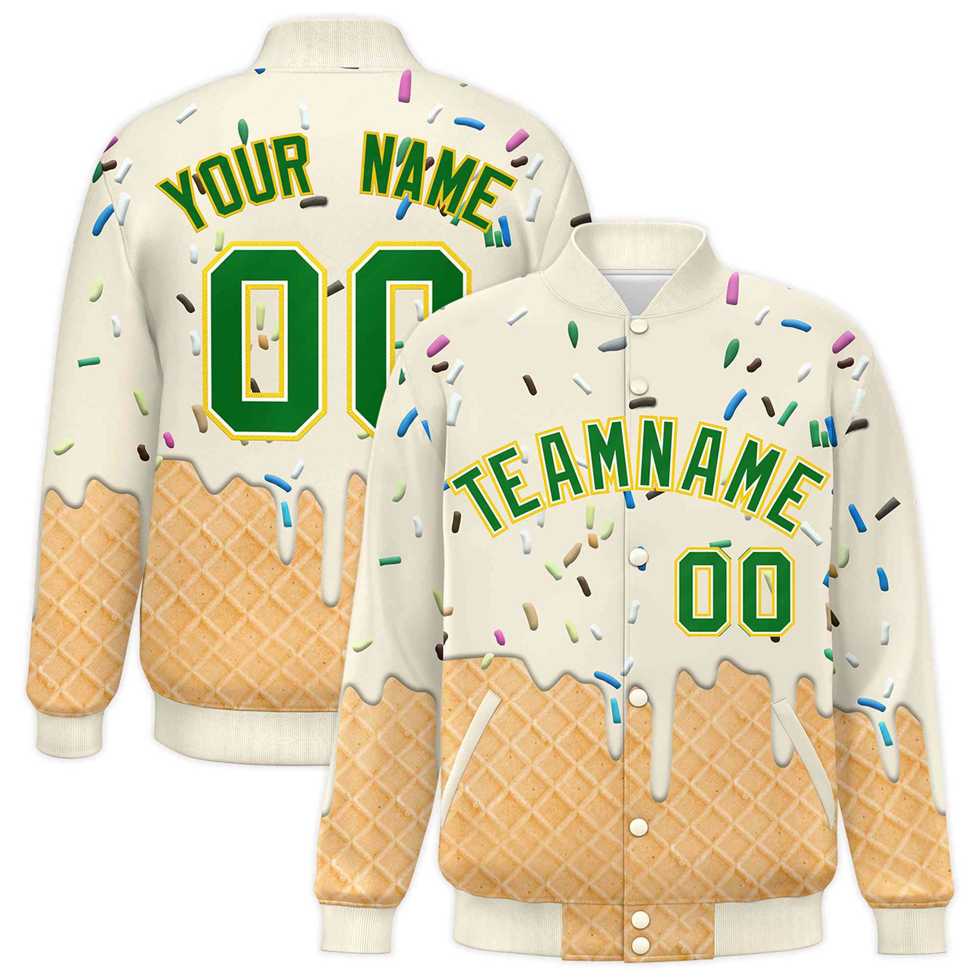 Custom Cream Ice Cream Cone Graffiti Pattern Full-Snap Varsity Letterman Jackets| KXKSHOP