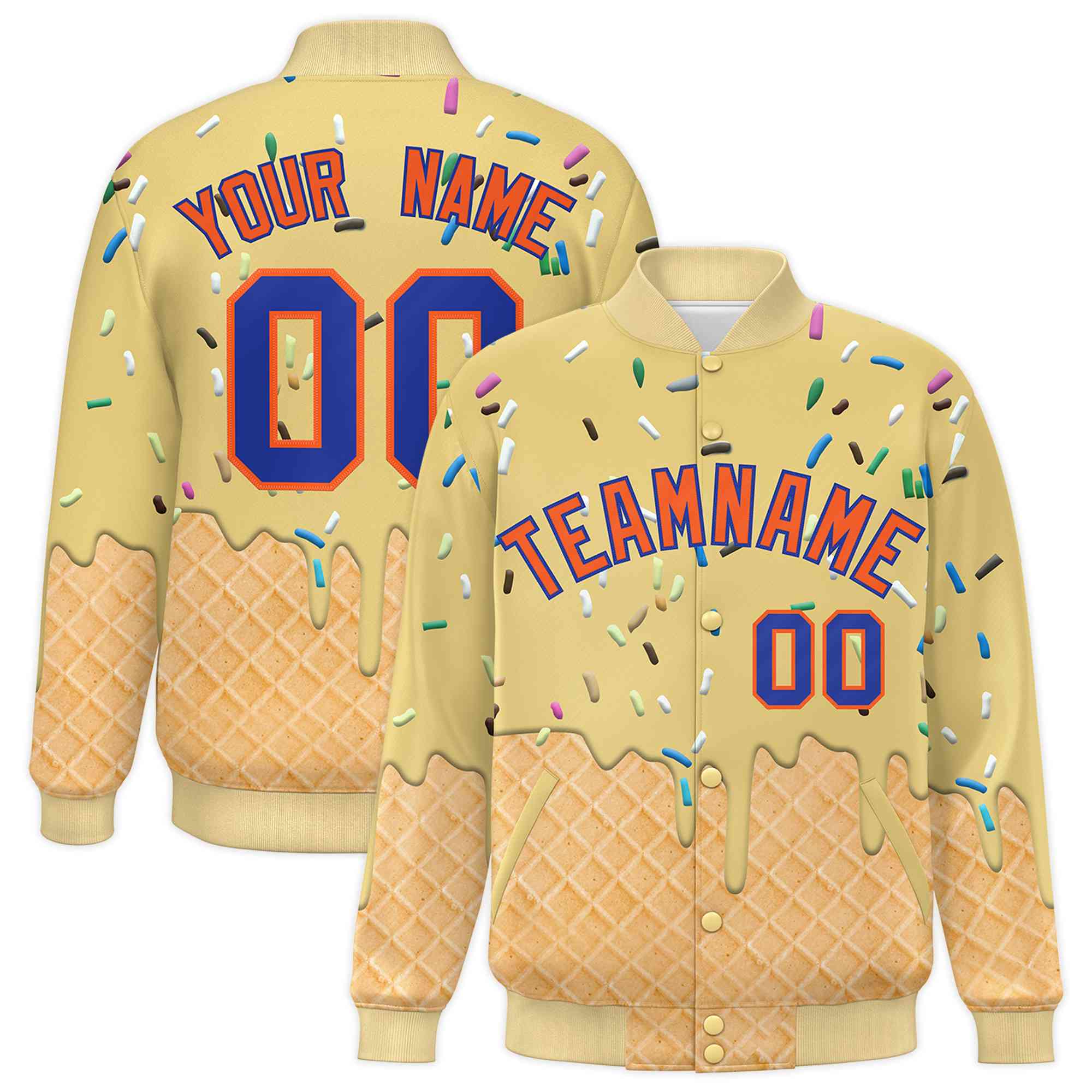 Custom Khaki Ice Cream Cone Graffiti Pattern Full-Snap Varsity Letterman Jackets| KXKSHOP