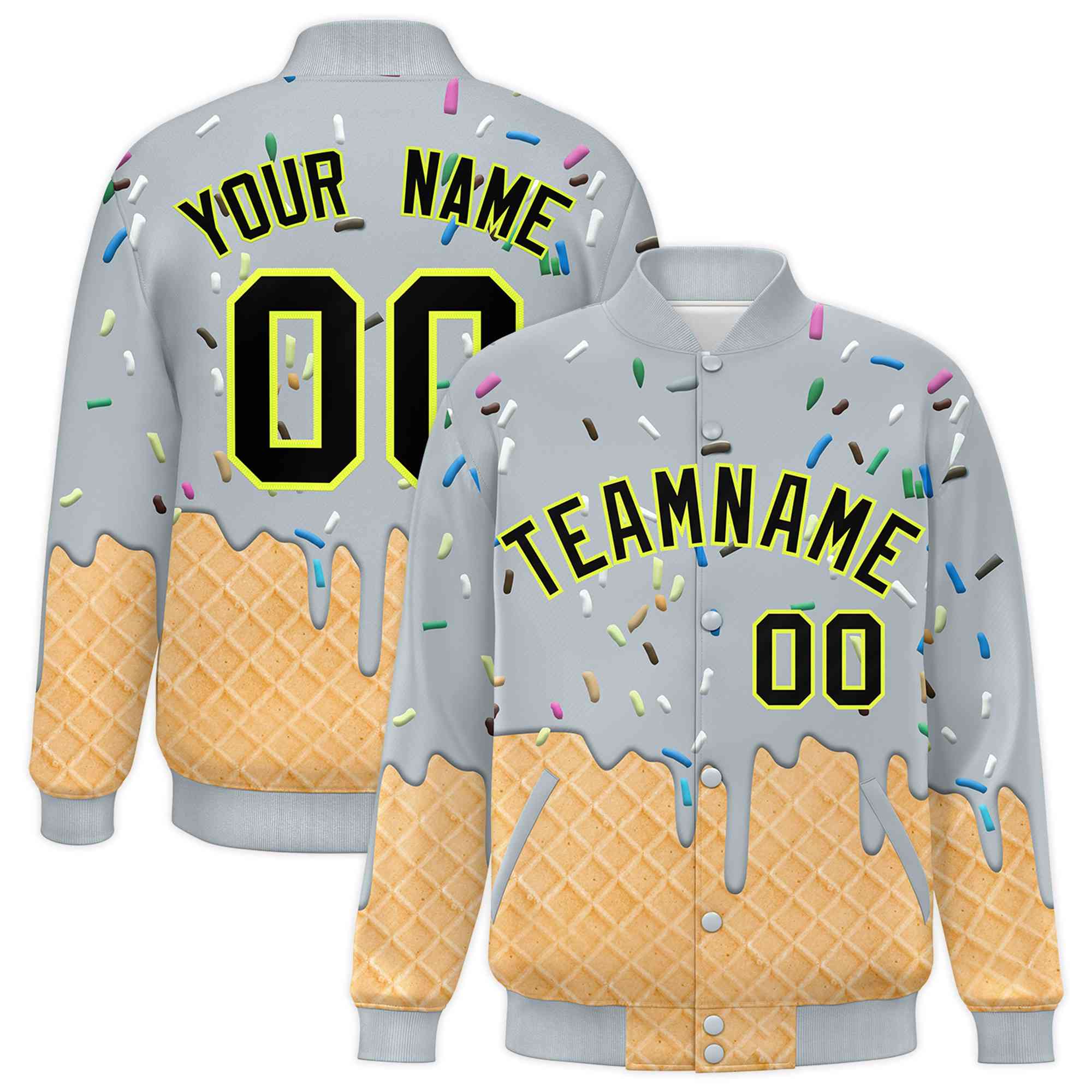 Custom Silver Ice Cream Cone Graffiti Pattern Full-Snap Varsity Letterman Jackets| KXKSHOP