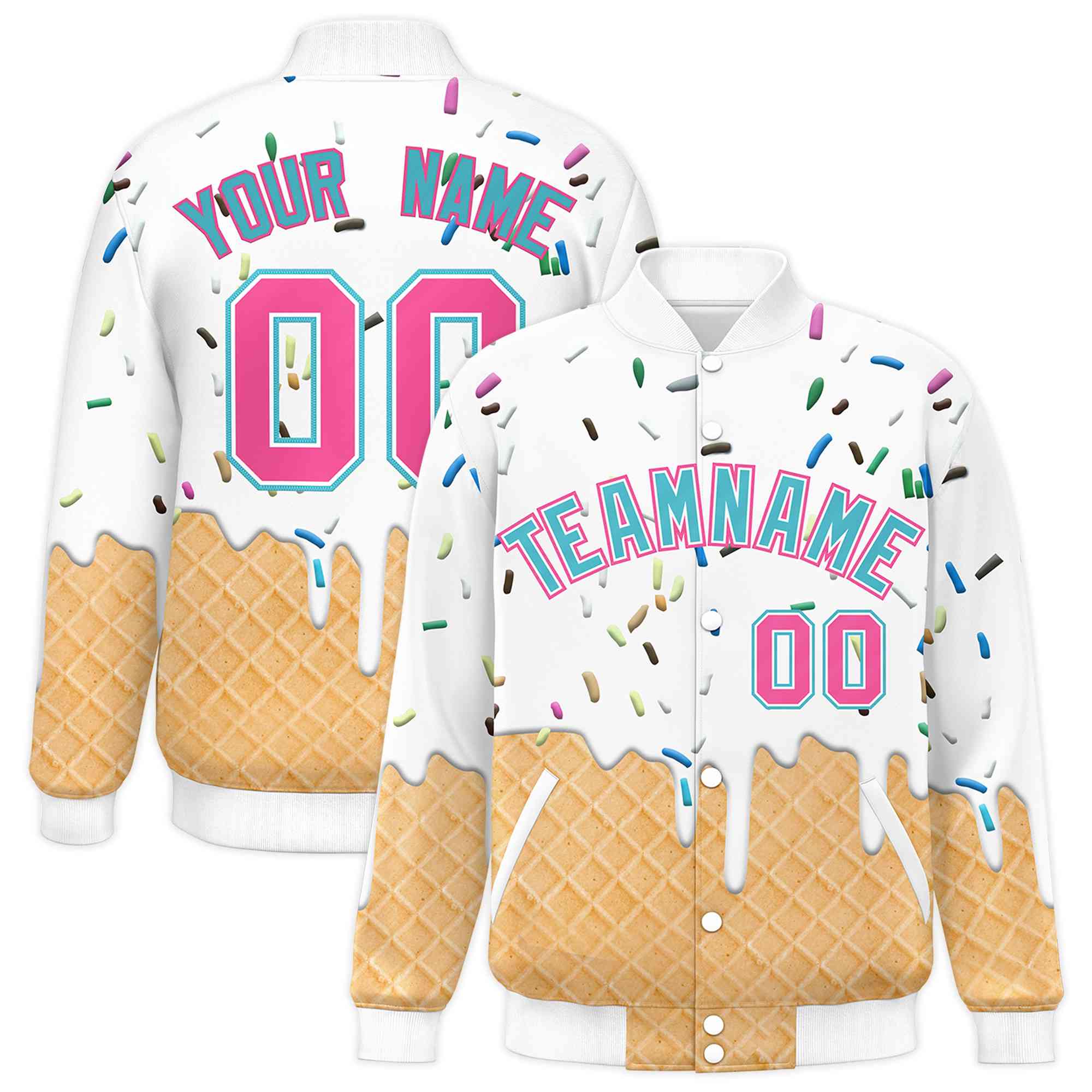 Custom White Ice Cream Cone Graffiti Pattern Full-Snap Varsity Letterman Jackets| KXKSHOP