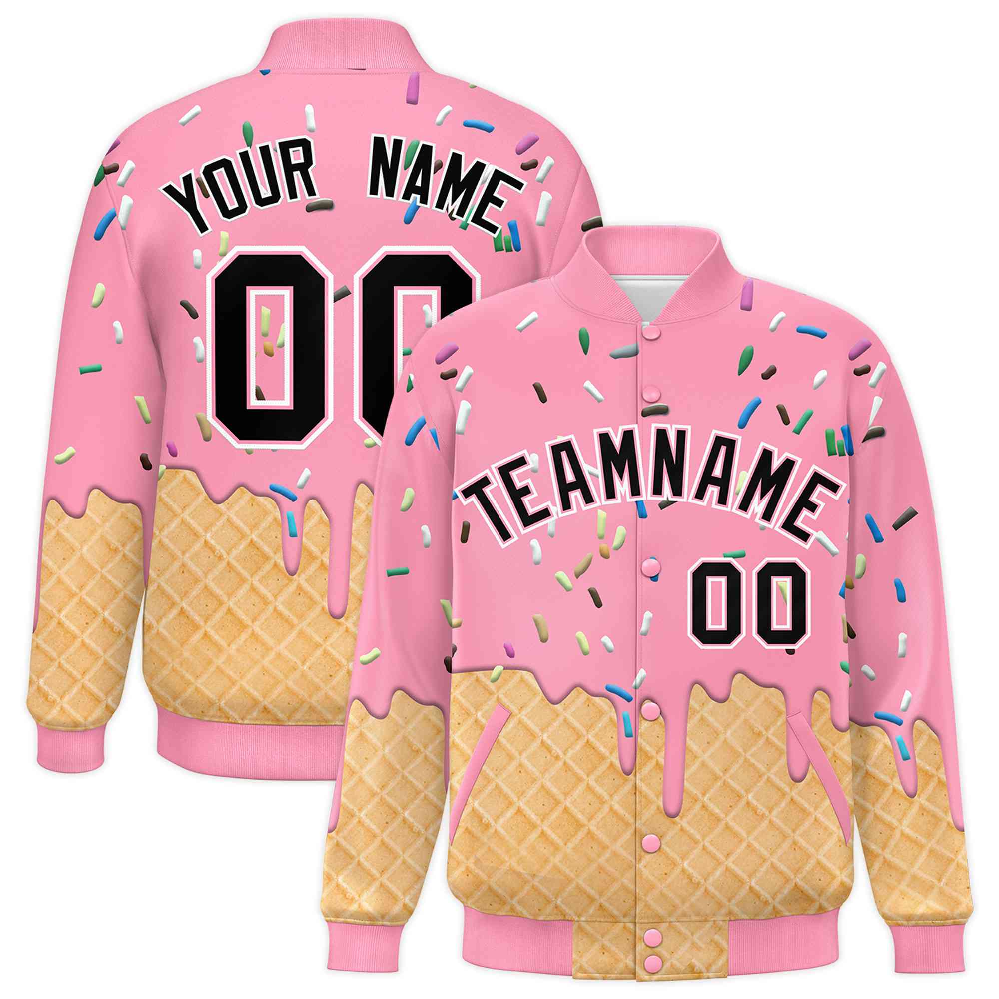 Custom Light Pink Ice Cream Cone Graffiti Pattern Full-Snap Varsity Letterman Jackets| KXKSHOP