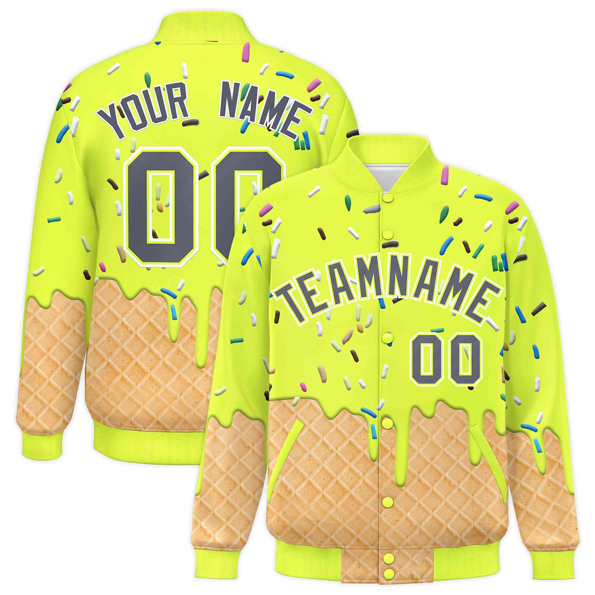 Custom Fluorescent Green Ice Cream Cone Graffiti Pattern Full-Snap Varsity Letterman Jackets| KXKSHOP