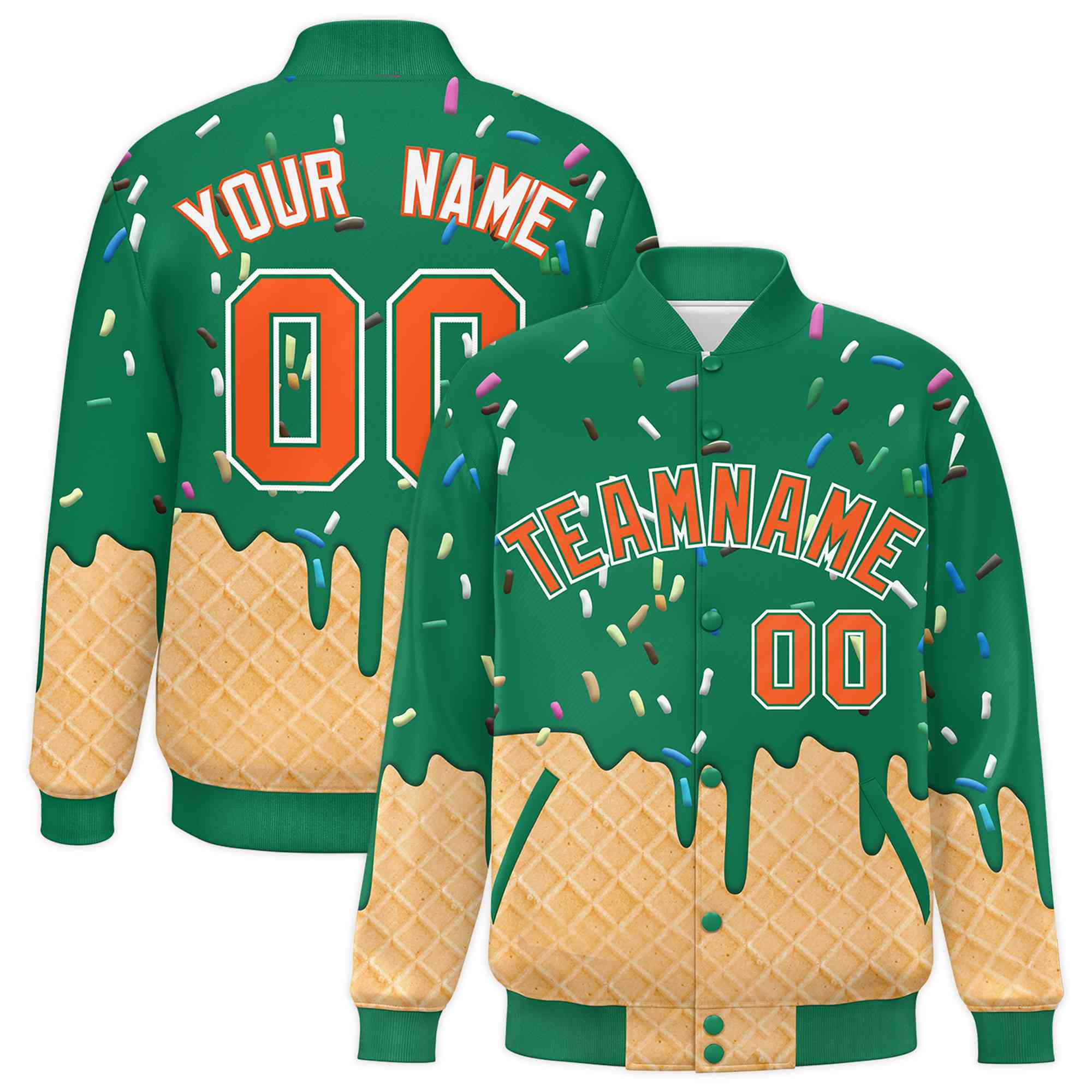 Custom Kelly Green Ice Cream Cone Graffiti Pattern Full-Snap Varsity Letterman Jackets| KXKSHOP