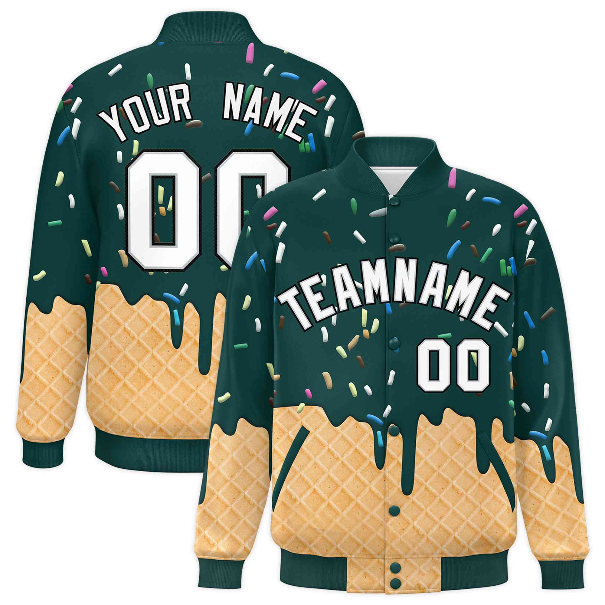 Custom Midnight Green Ice Cream Cone Graffiti Pattern Full-Snap Varsity Letterman Jackets| KXKSHOP