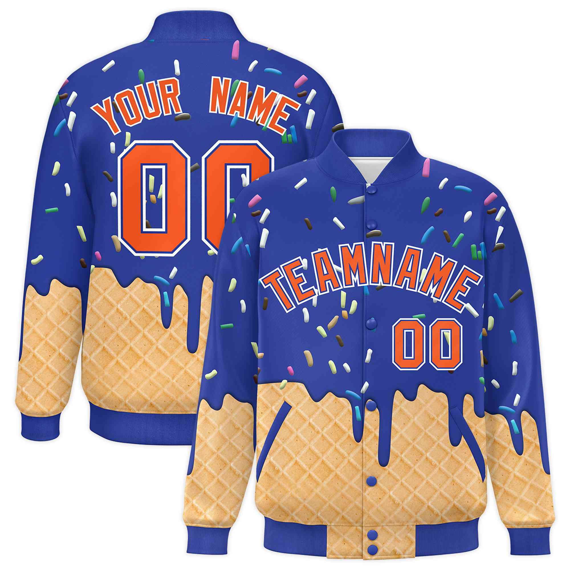 Custom Royal Blue Ice Cream Cone Graffiti Pattern Full-Snap Varsity Letterman Jackets| KXKSHOP