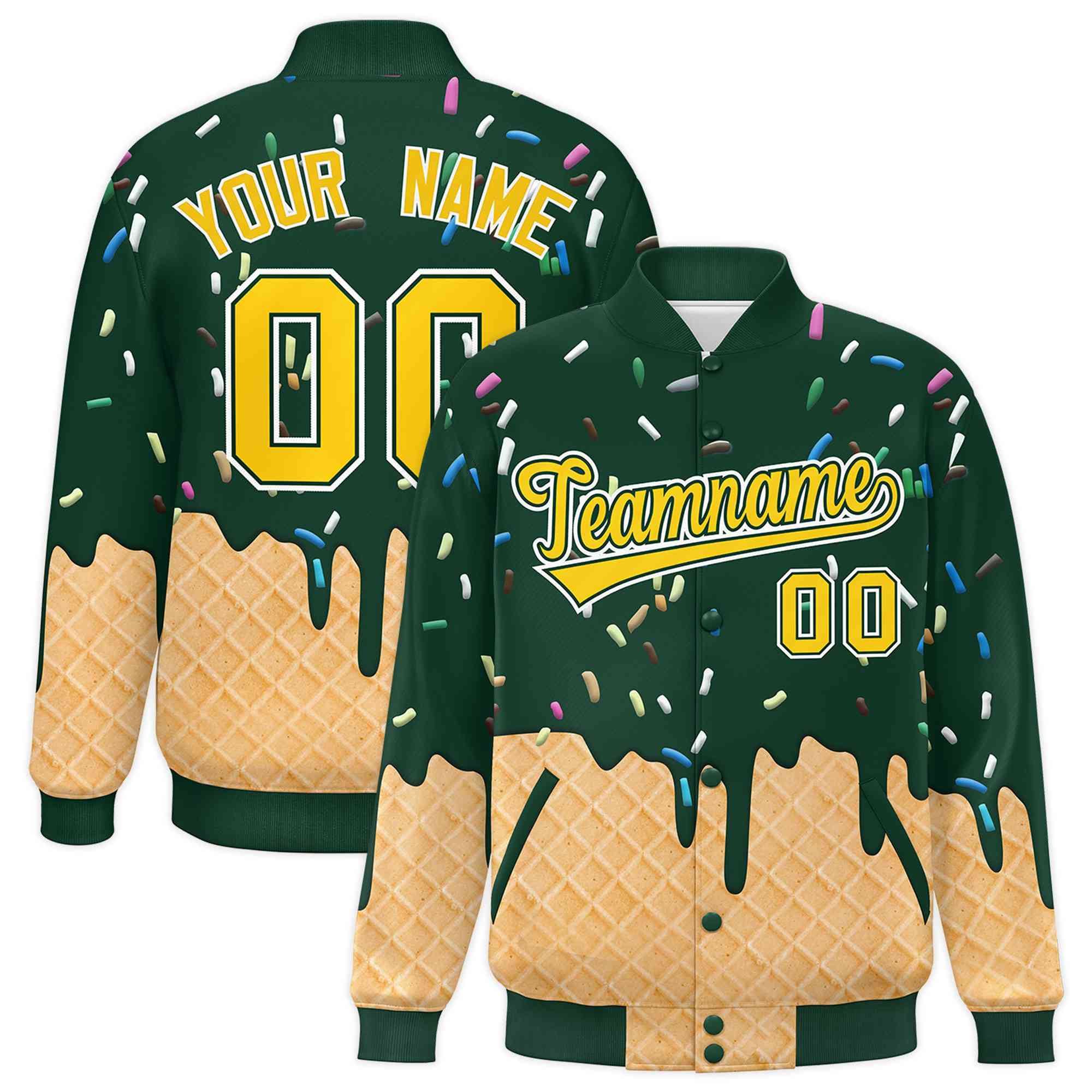 Custom Green Ice Cream Cone Graffiti Pattern Full-Snap Varsity Letterman Jackets| KXKSHOP