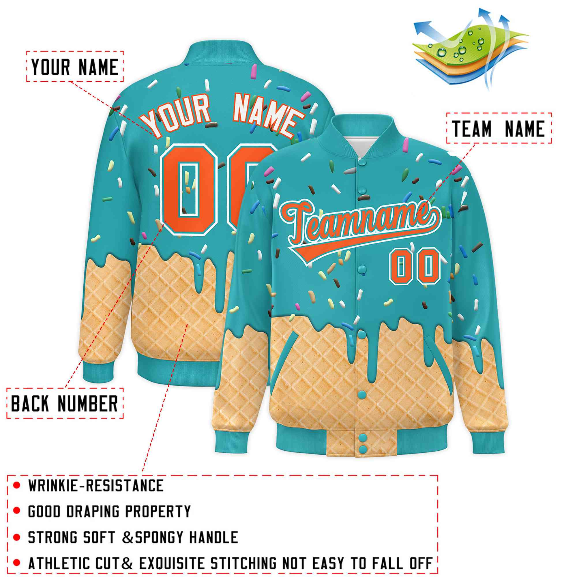 Custom Aqua Ice Cream Cone Graffiti Pattern Full-Snap Varsity Letterman Jackets| KXKSHOP