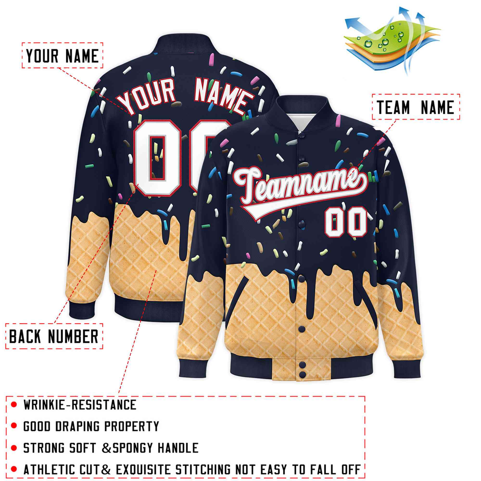 Custom Navy Ice Cream Cone Graffiti Pattern Full-Snap Varsity Letterman Jackets| KXKSHOP