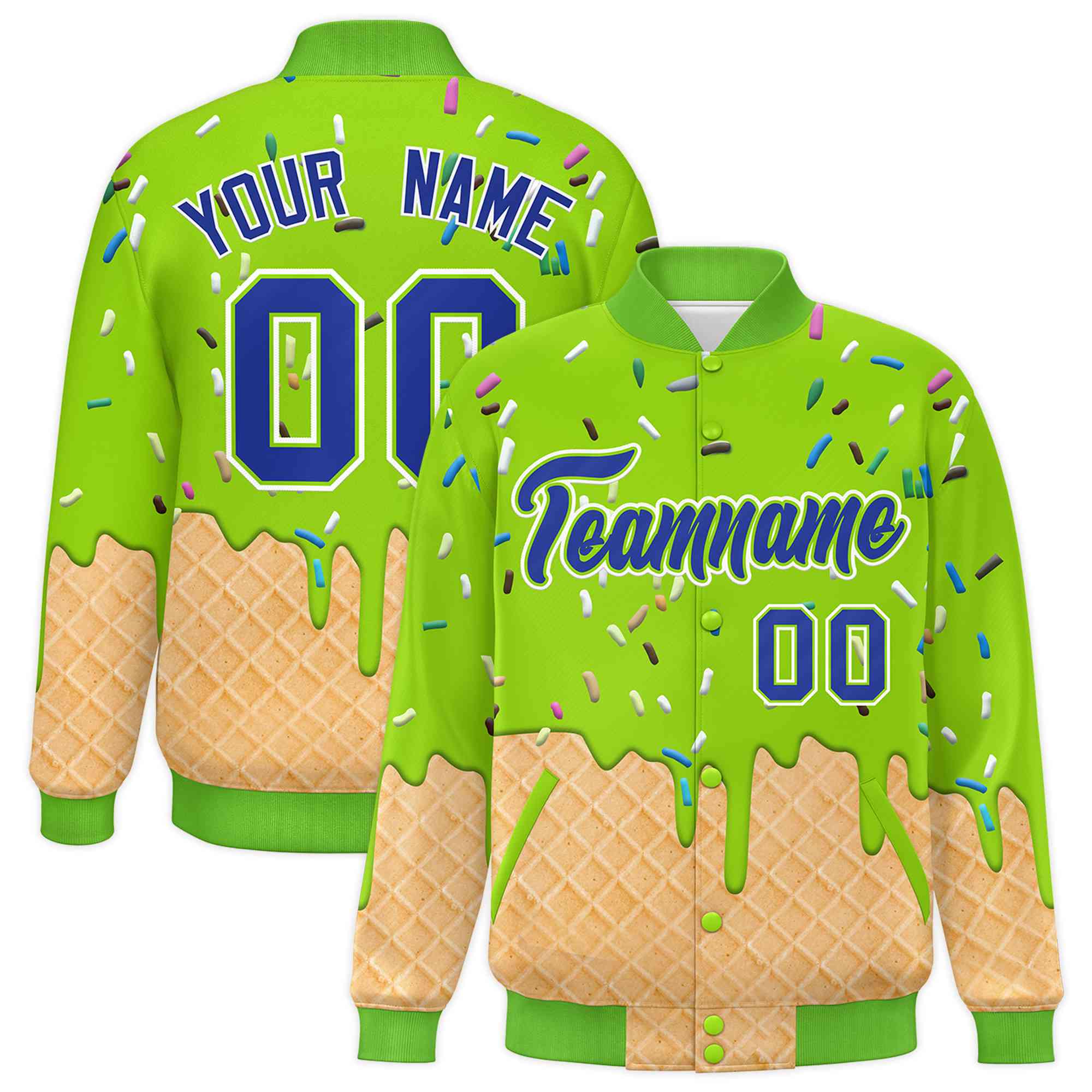 Custom Neon Green Ice Cream Cone Graffiti Pattern Full-Snap Varsity Letterman Jackets| KXKSHOP