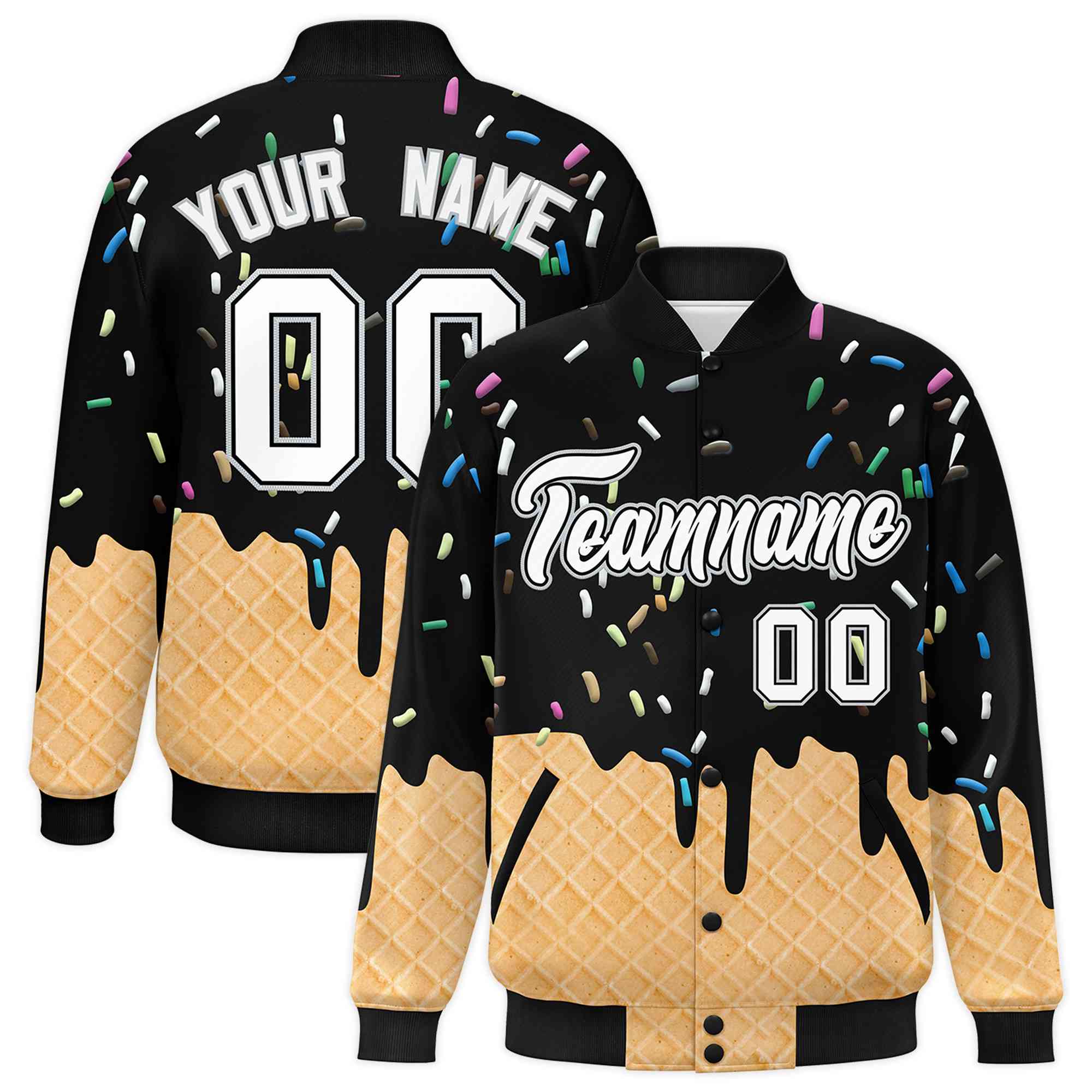 Custom Black Ice Cream Cone Graffiti Pattern Full-Snap Varsity Letterman Jackets| KXKSHOP