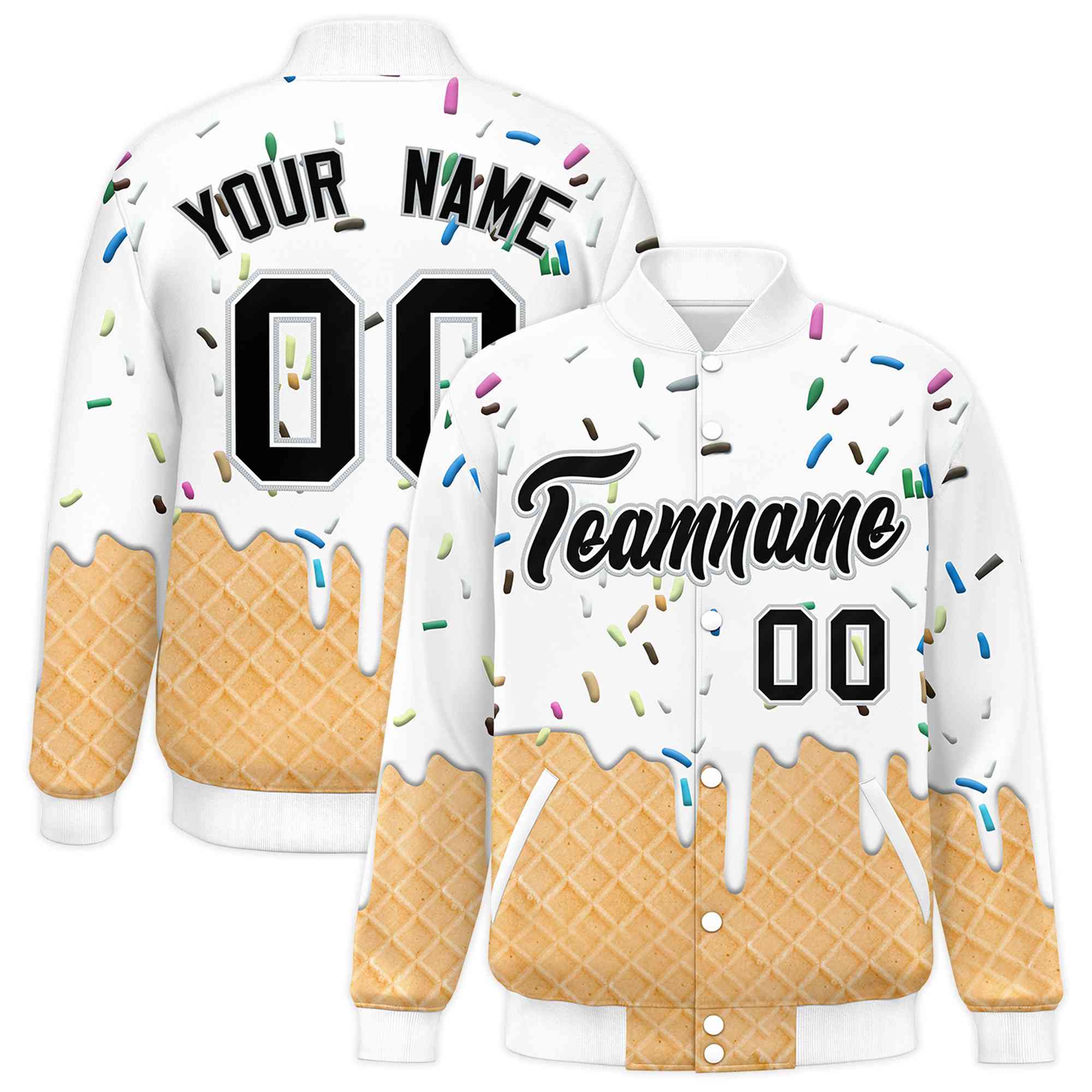 Custom White Ice Cream Cone Graffiti Pattern Full-Snap Varsity Letterman Jackets| KXKSHOP