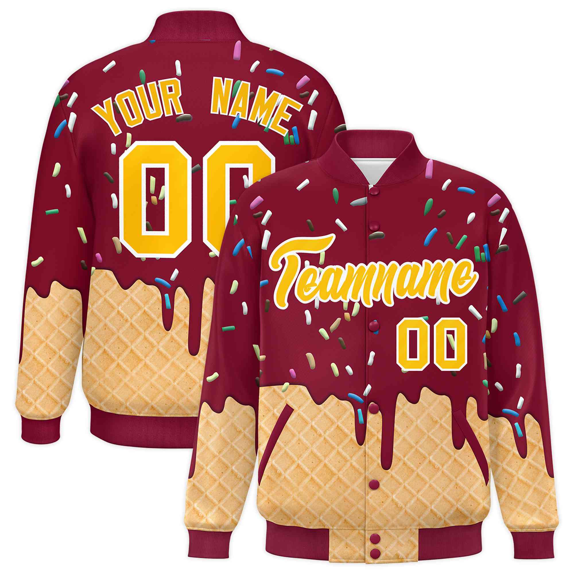 Custom Crimson Ice Cream Cone Graffiti Pattern Full-Snap Varsity Letterman Jackets| KXKSHOP