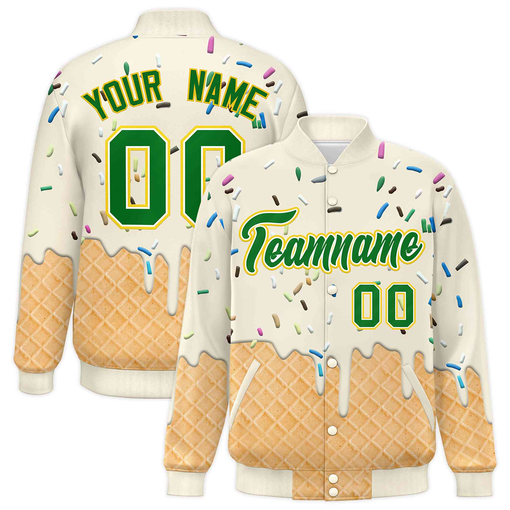 Custom Cream Ice Cream Cone Graffiti Pattern Full-Snap Varsity Letterman Jackets| KXKSHOP