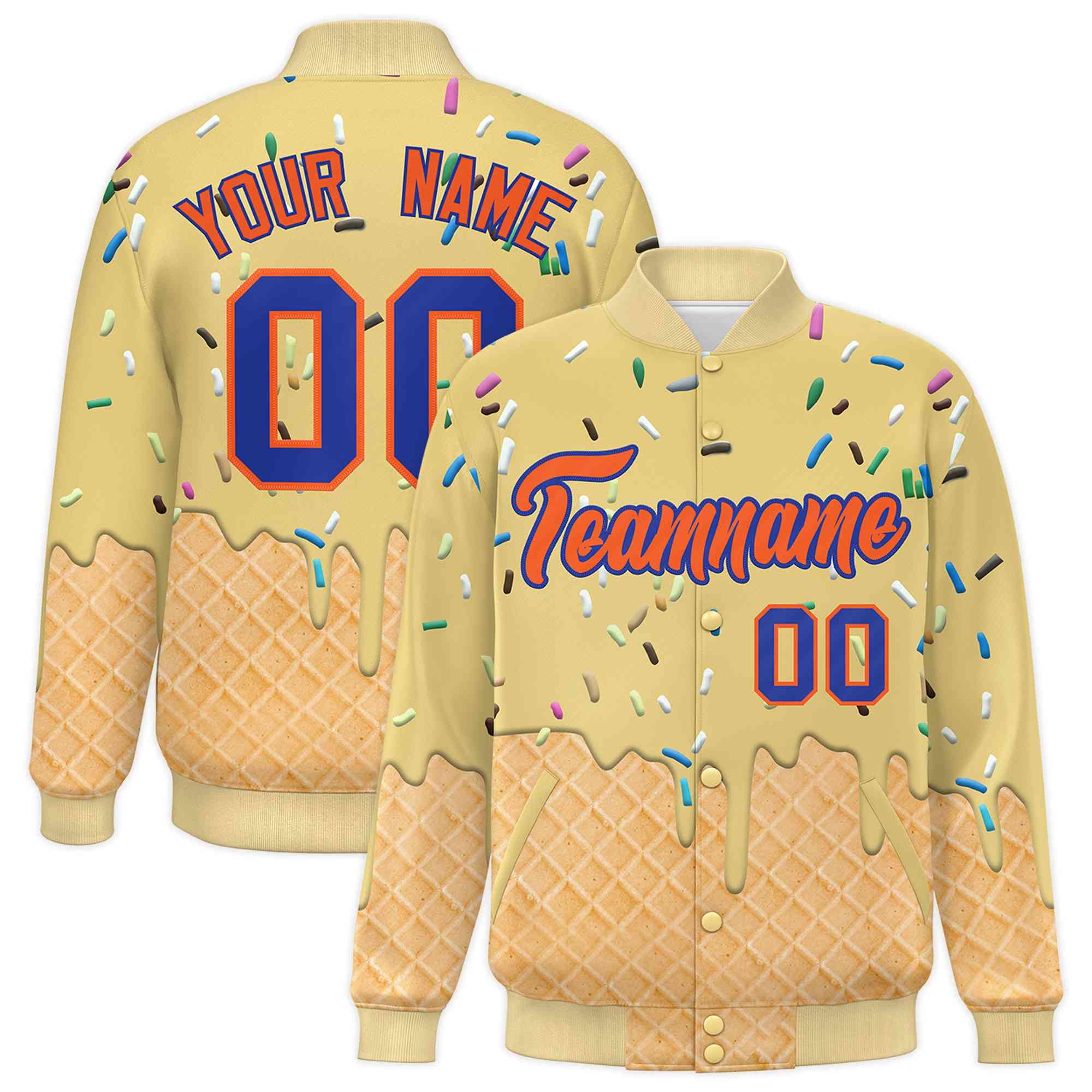 Custom Khaki Ice Cream Cone Graffiti Pattern Full-Snap Varsity Letterman Jackets| KXKSHOP