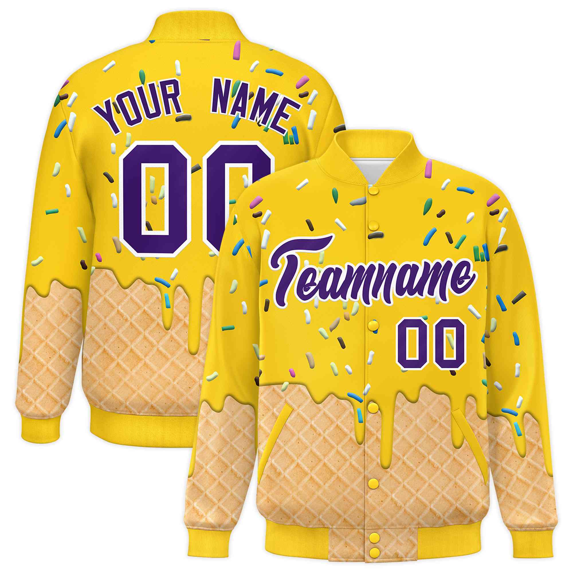 Custom Gold Ice Cream Cone Graffiti Pattern Full-Snap Varsity Letterman Jackets| KXKSHOP