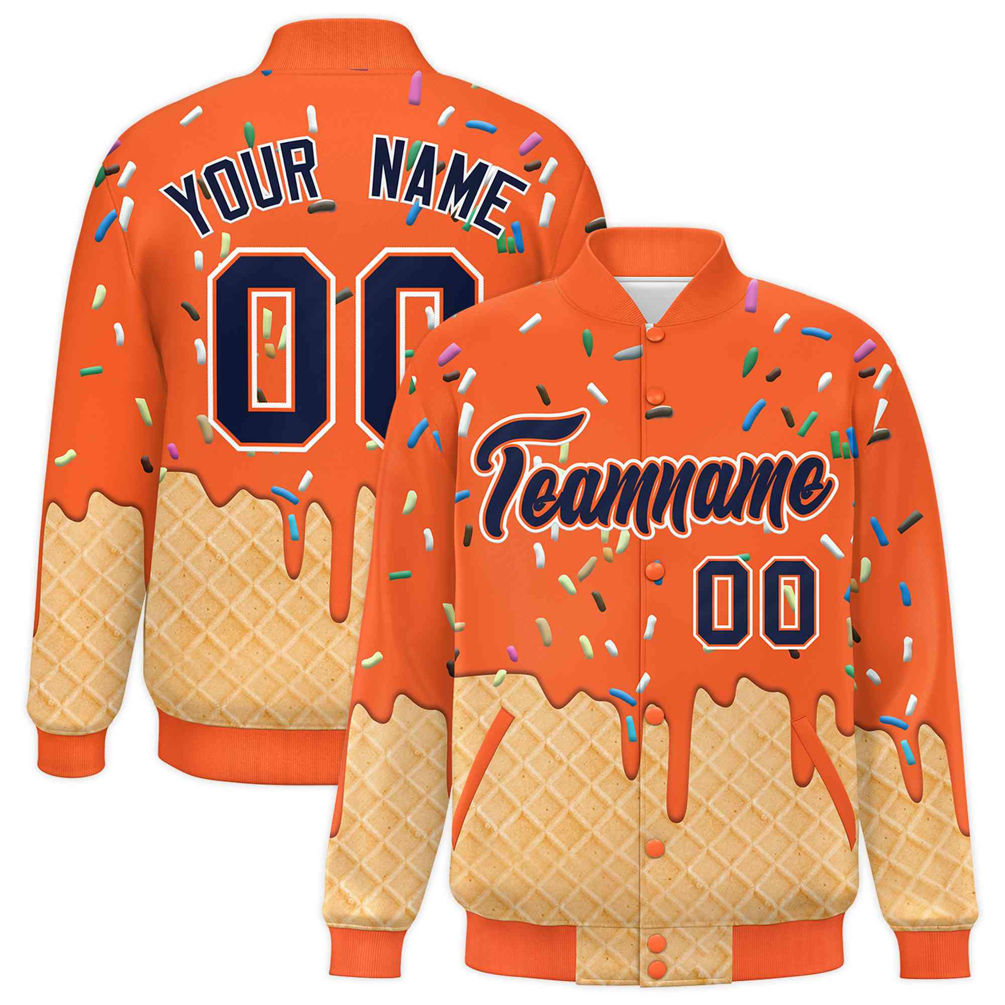 Custom Orange Ice Cream Cone Graffiti Pattern Full-Snap Varsity Letterman Jackets| KXKSHOP