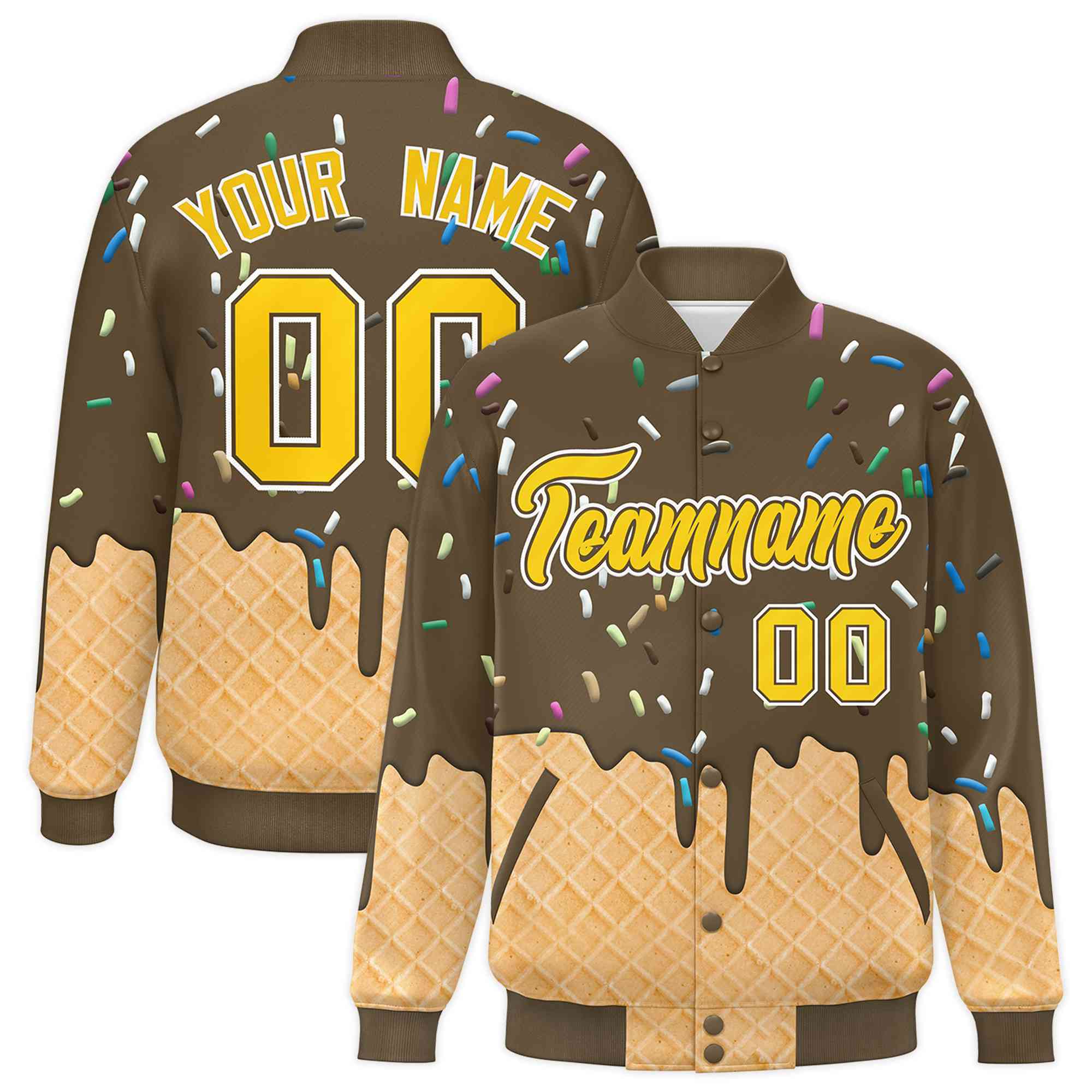 Custom Light Brown Ice Cream Cone Graffiti Pattern Full-Snap Varsity Letterman Jackets| KXKSHOP
