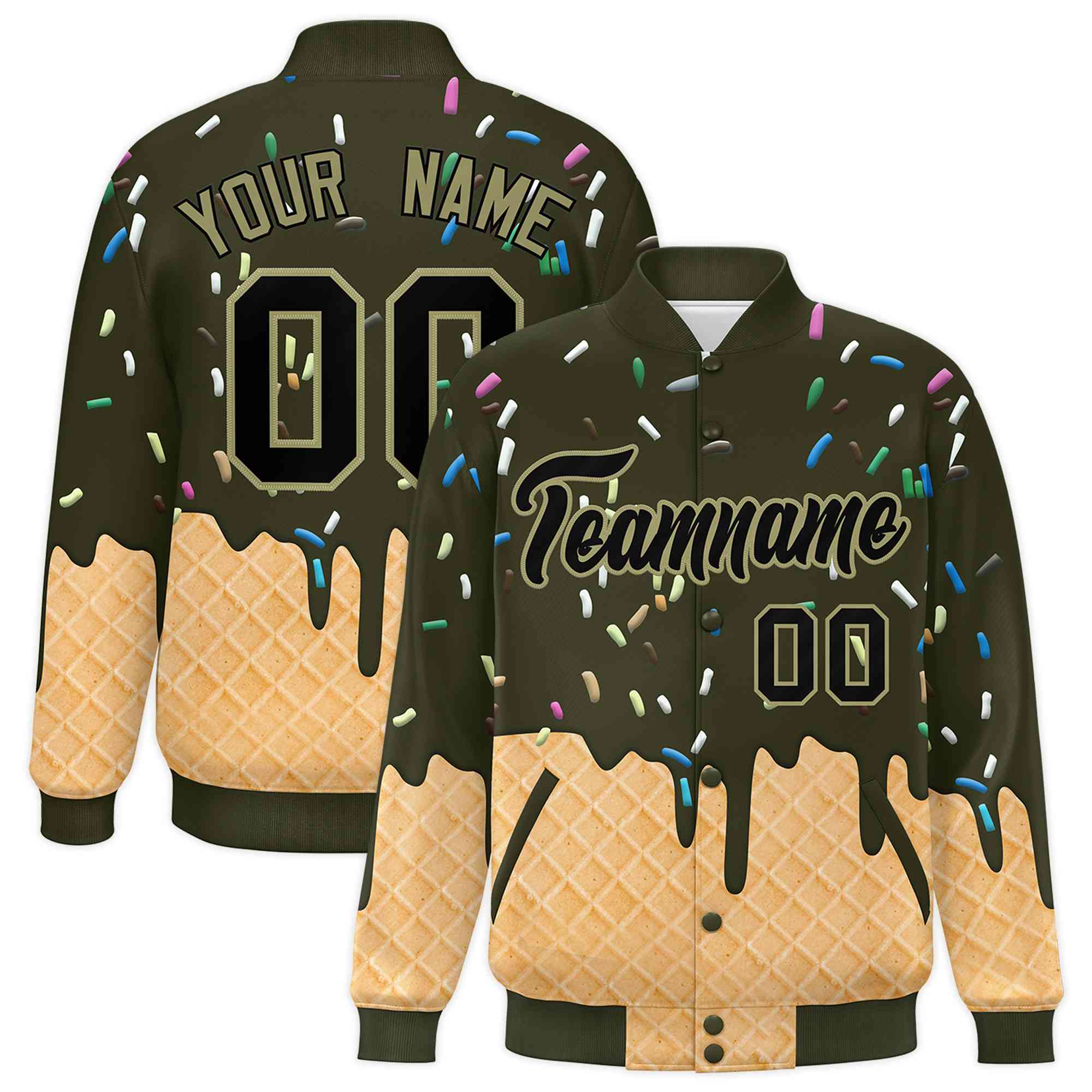 Custom Olive Ice Cream Cone Graffiti Pattern Full-Snap Varsity Letterman Jackets| KXKSHOP