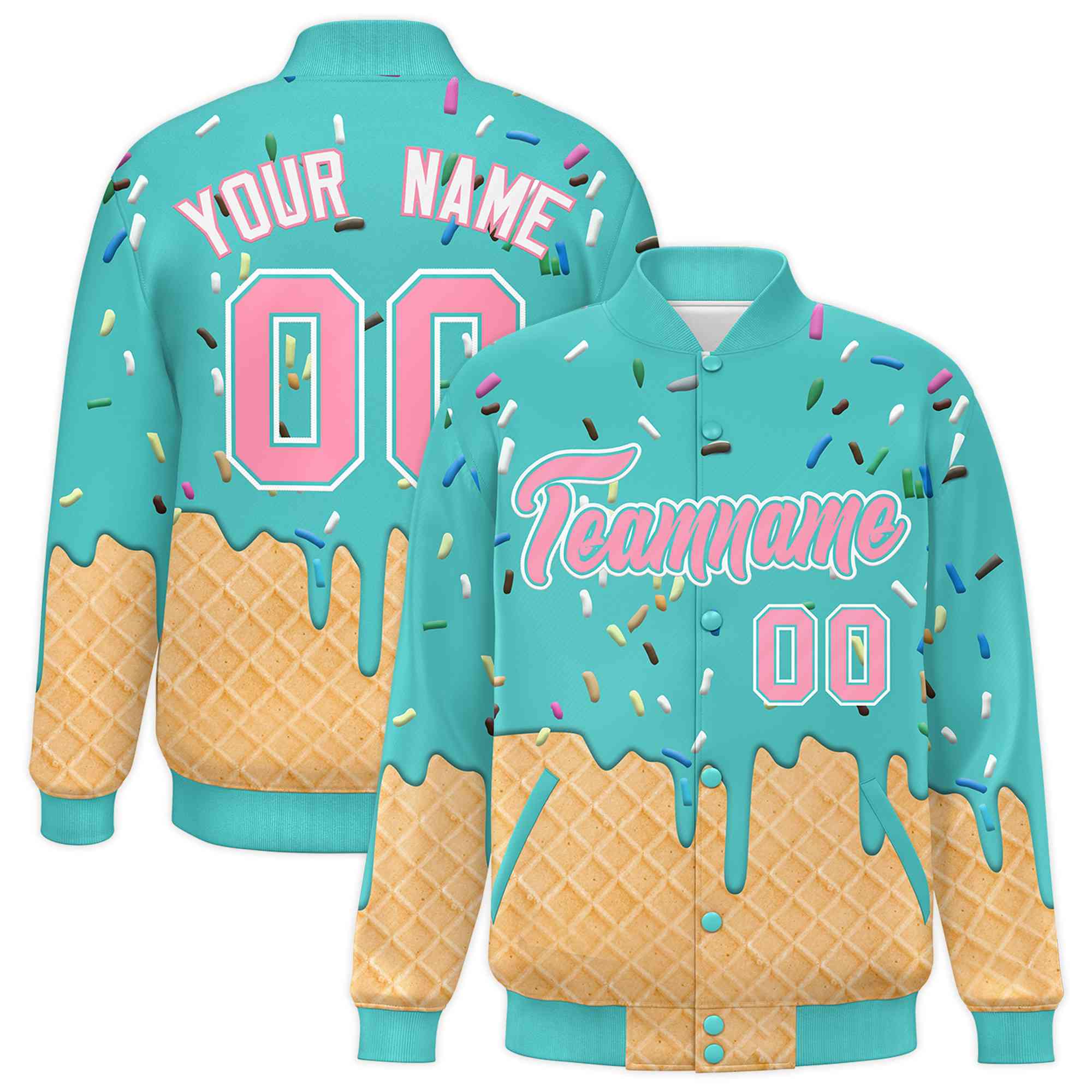Custom Teal Ice Cream Cone Graffiti Pattern Full-Snap Varsity Letterman Jackets| KXKSHOP