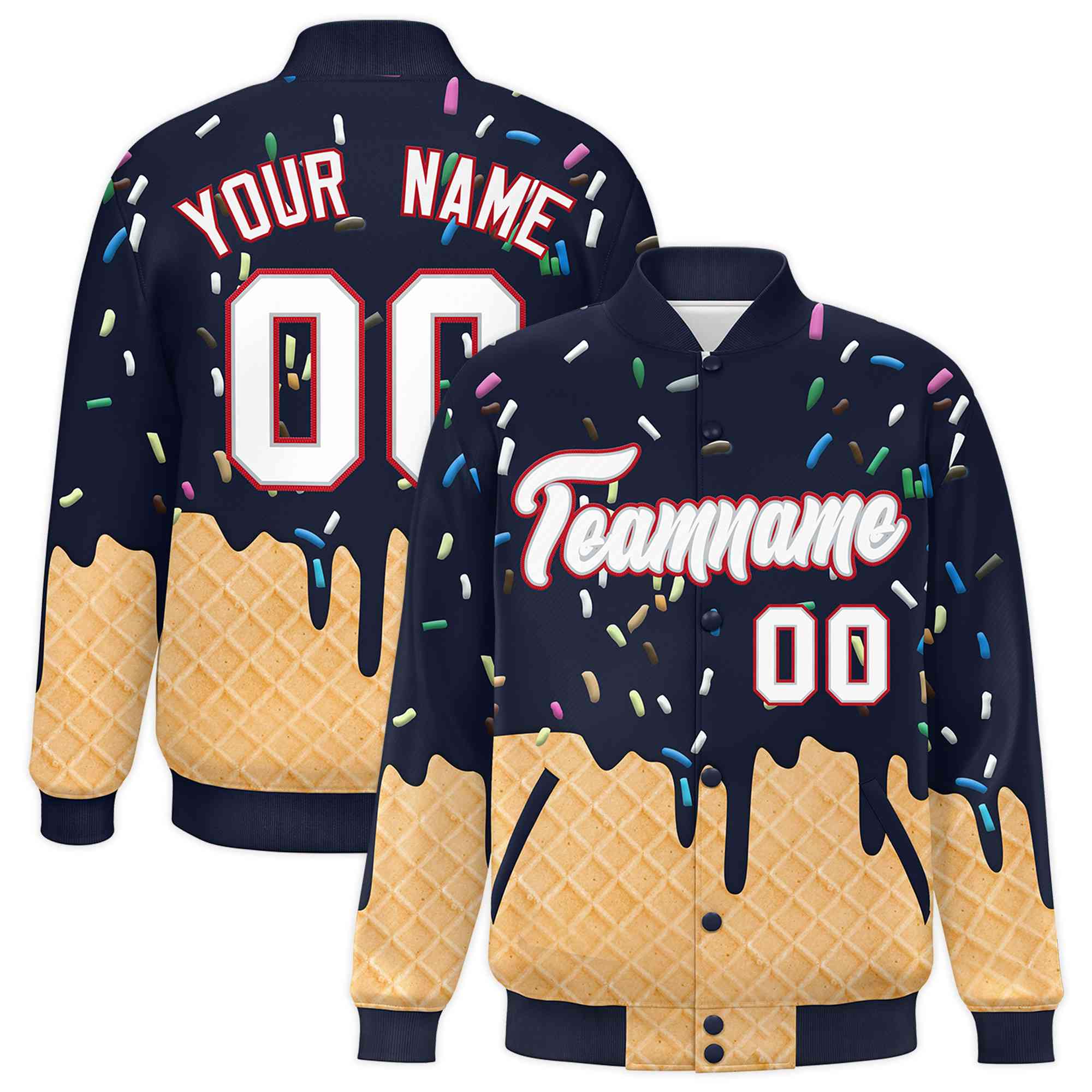 Custom Navy Ice Cream Cone Graffiti Pattern Full-Snap Varsity Letterman Jackets| KXKSHOP