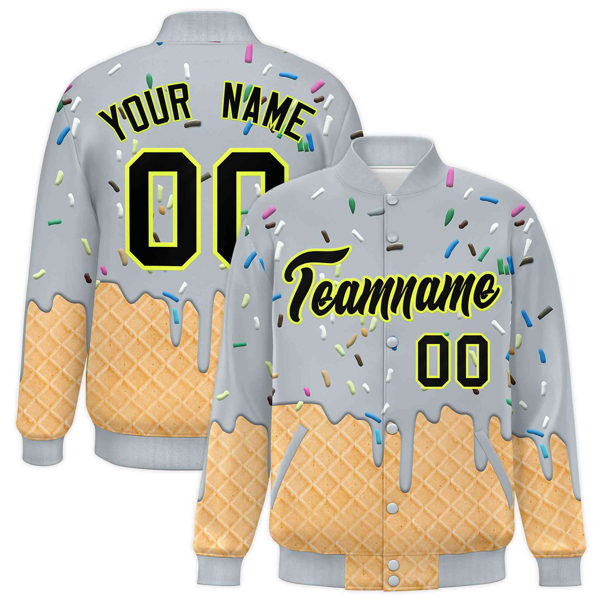 Custom Silver Ice Cream Cone Graffiti Pattern Full-Snap Varsity Letterman Jackets| KXKSHOP