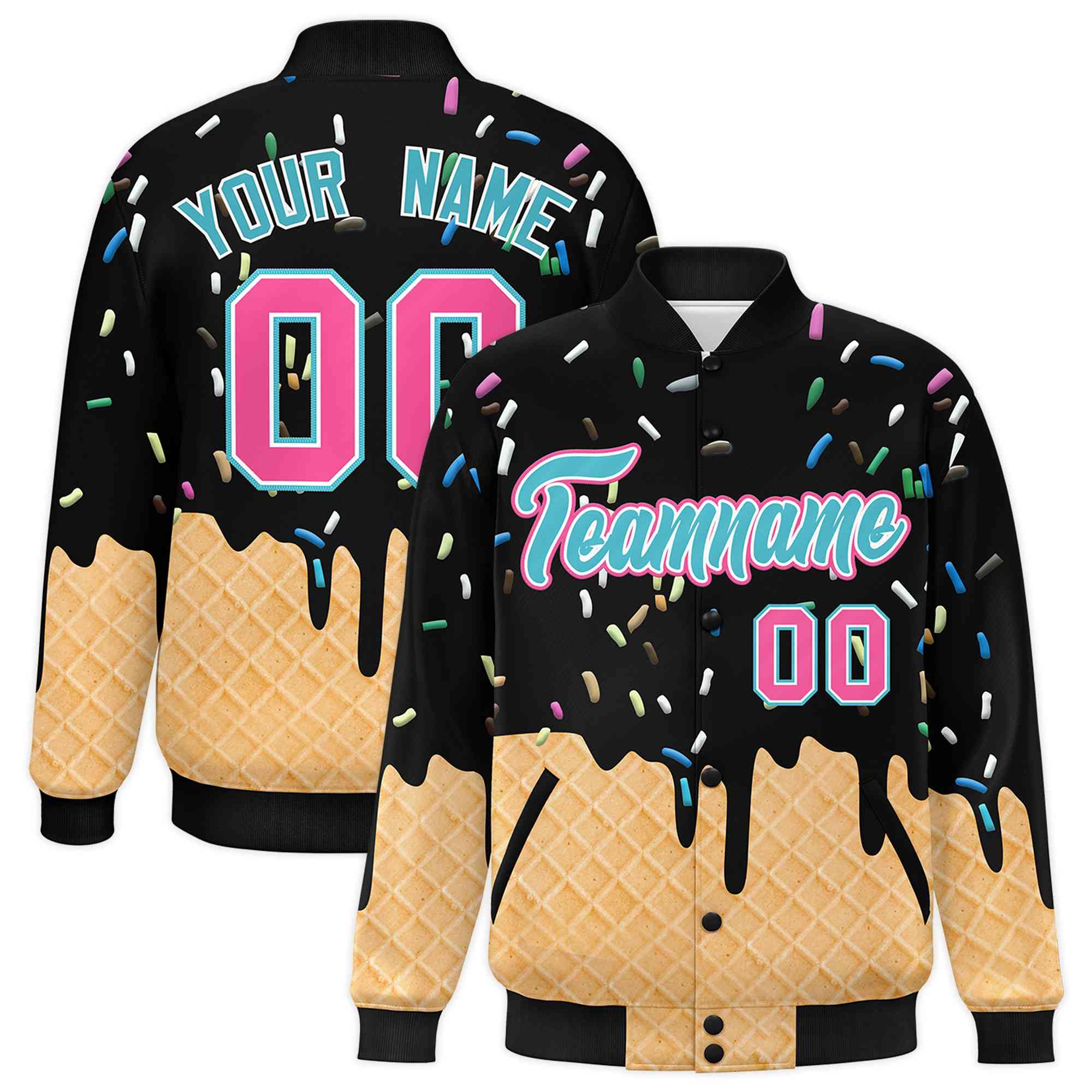 Custom Black Ice Cream Cone Graffiti Pattern Full-Snap Varsity Letterman Jackets| KXKSHOP