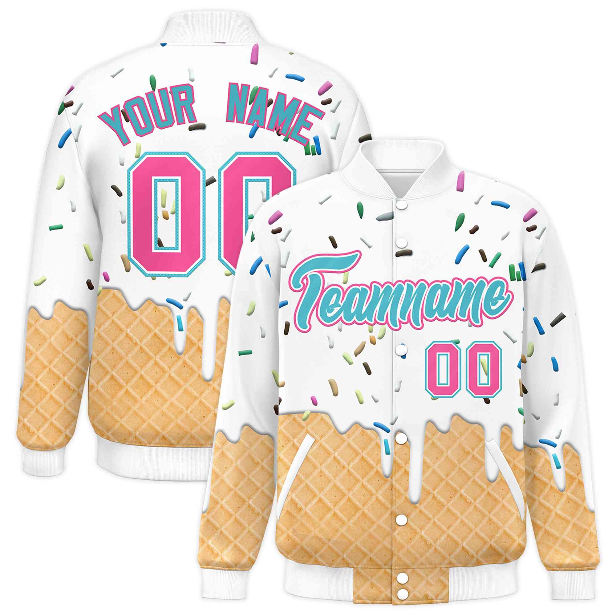 Custom White Ice Cream Cone Graffiti Pattern Full-Snap Varsity Letterman Jackets| KXKSHOP