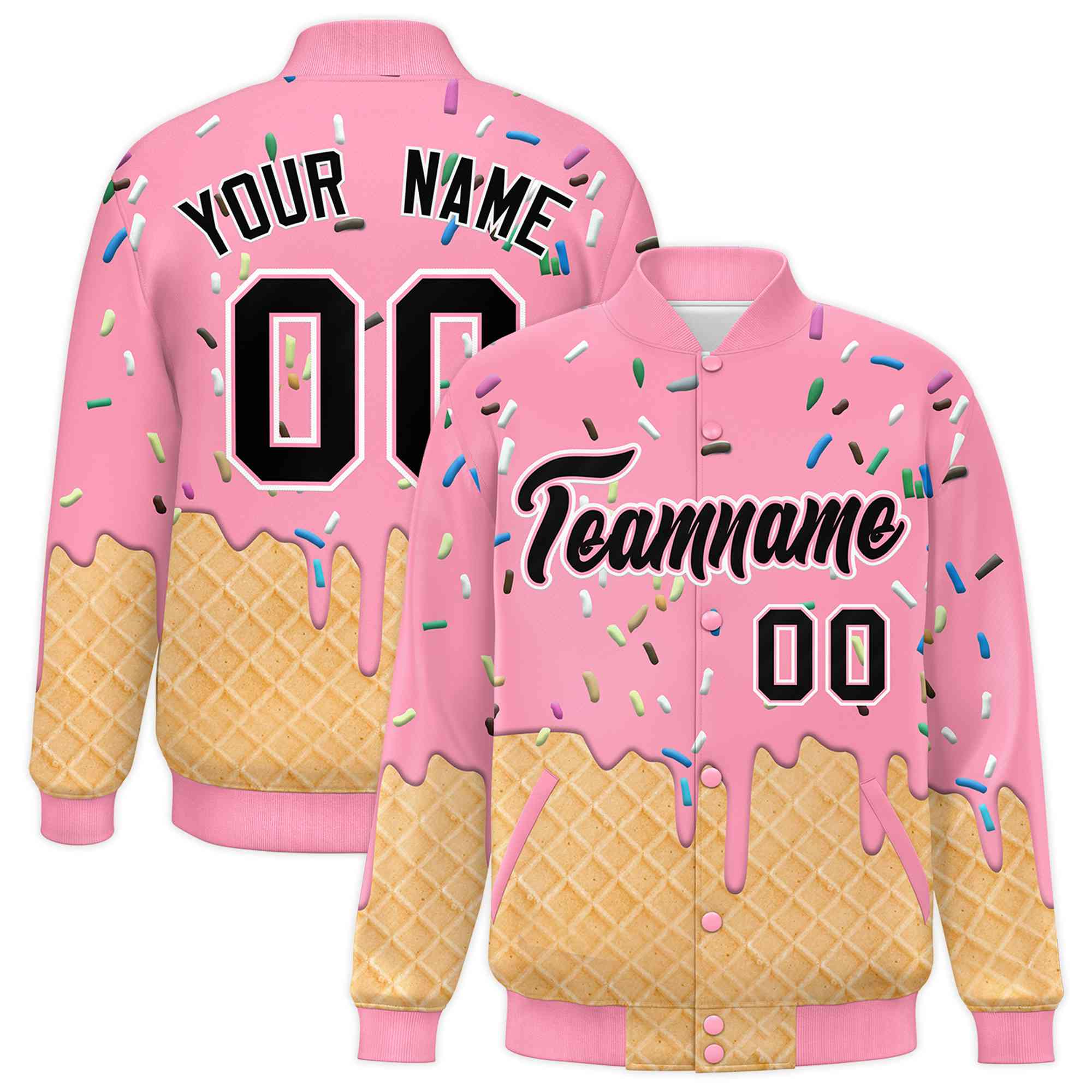 Custom Light Pink Ice Cream Cone Graffiti Pattern Full-Snap Varsity Letterman Jackets| KXKSHOP