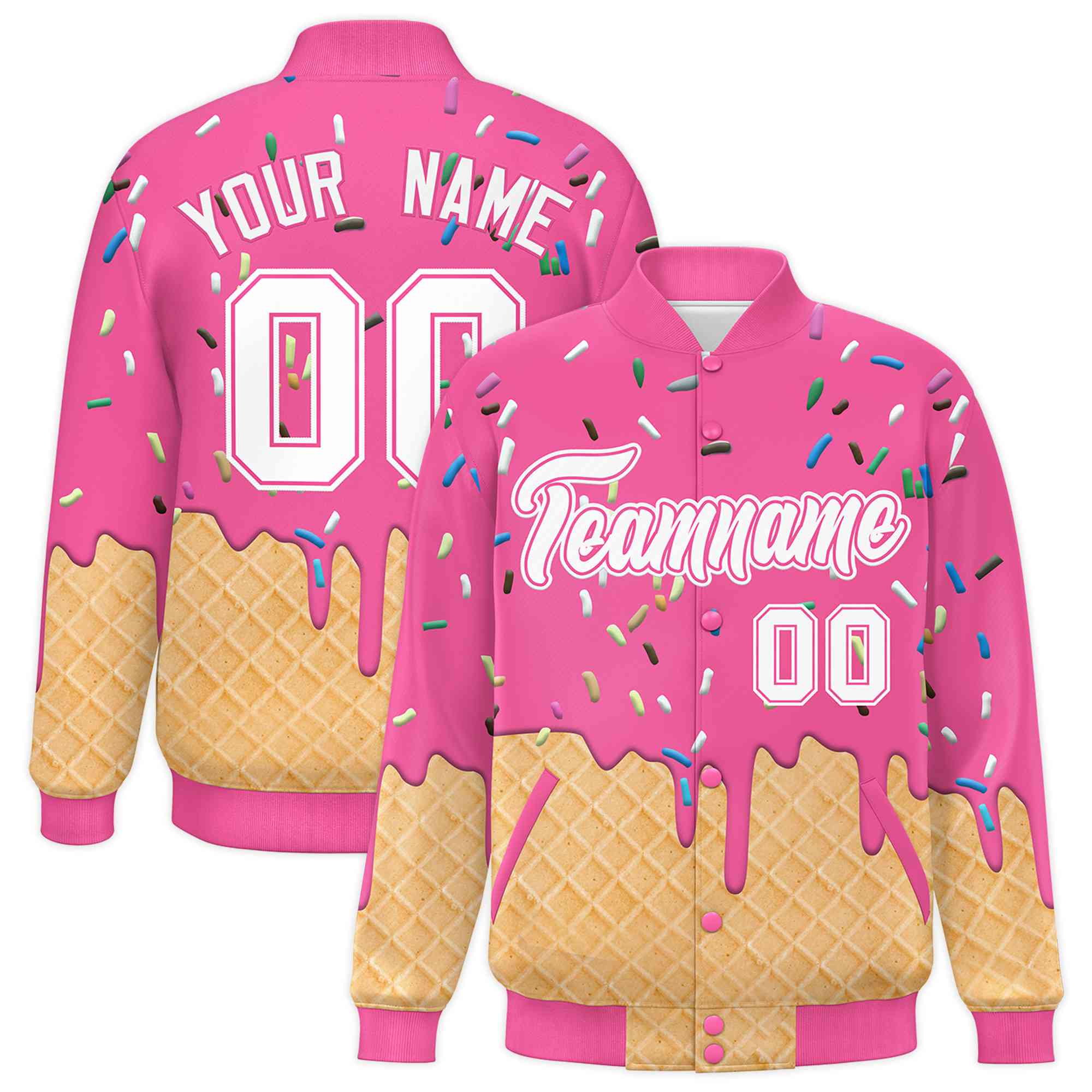 Custom Pink Ice Cream Cone Graffiti Pattern Full-Snap Varsity Letterman Jackets| KXKSHOP