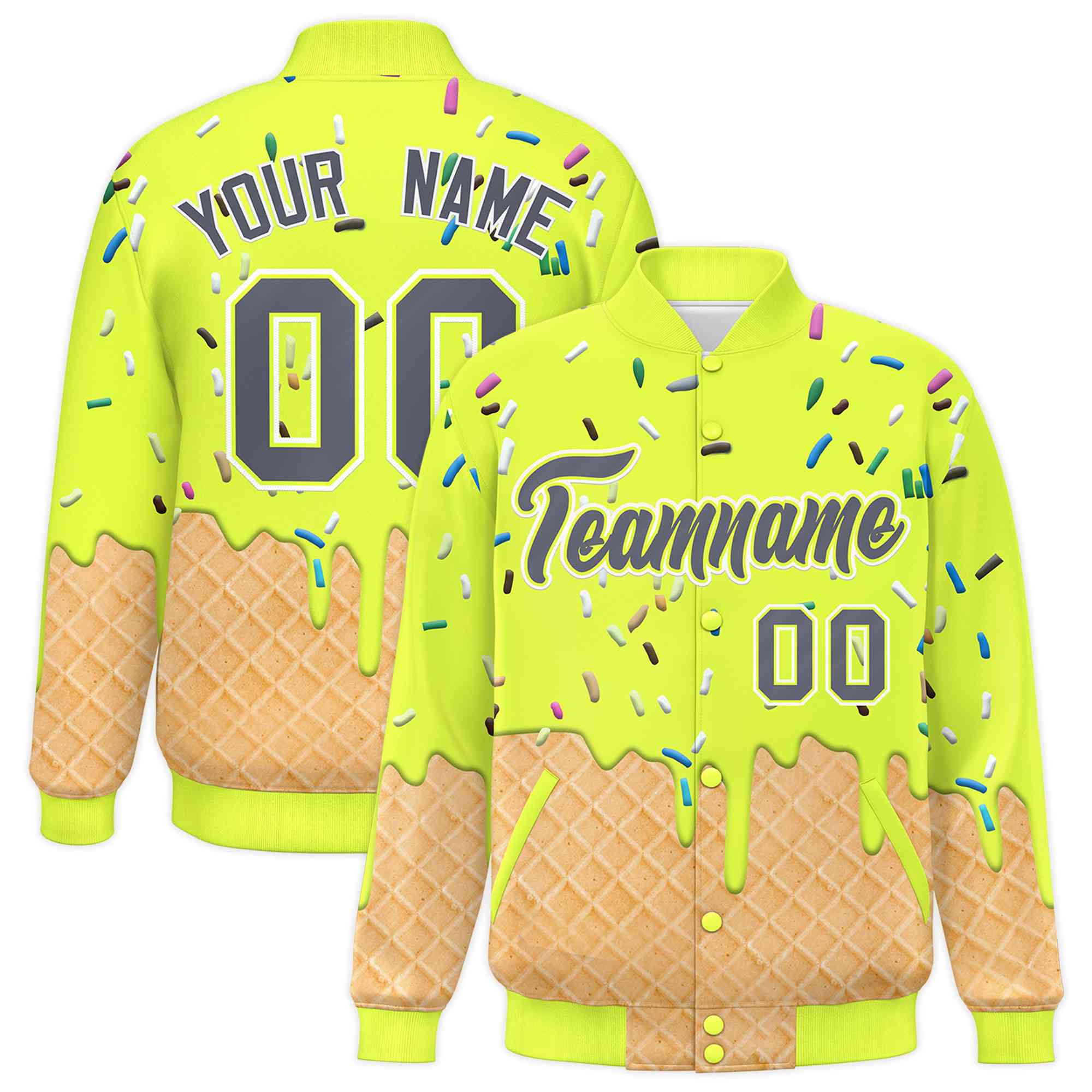 Custom Fluorescent Green Ice Cream Cone Graffiti Pattern Full-Snap Varsity Letterman Jackets| KXKSHOP