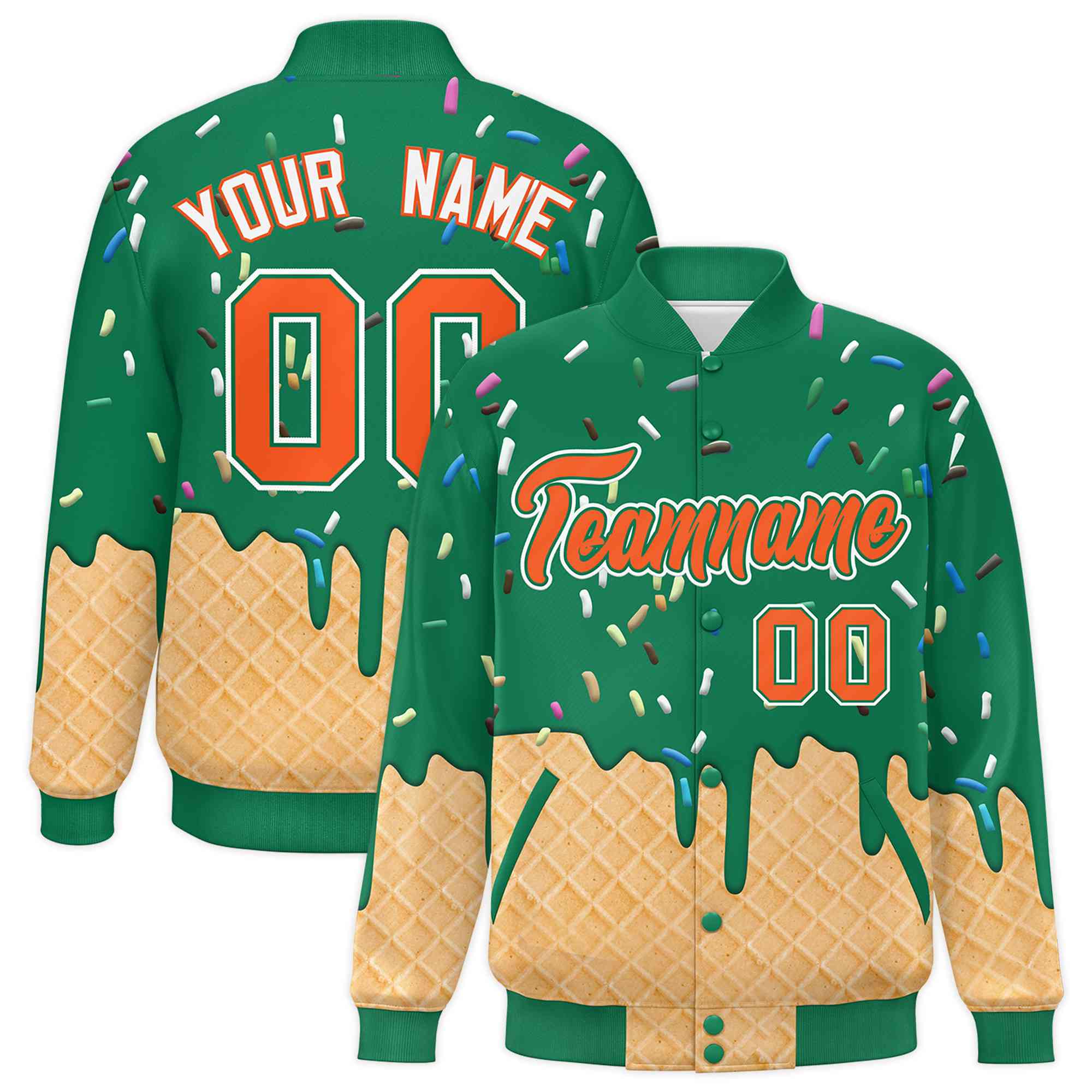 Custom Kelly Green Ice Cream Cone Graffiti Pattern Full-Snap Varsity Letterman Jackets| KXKSHOP