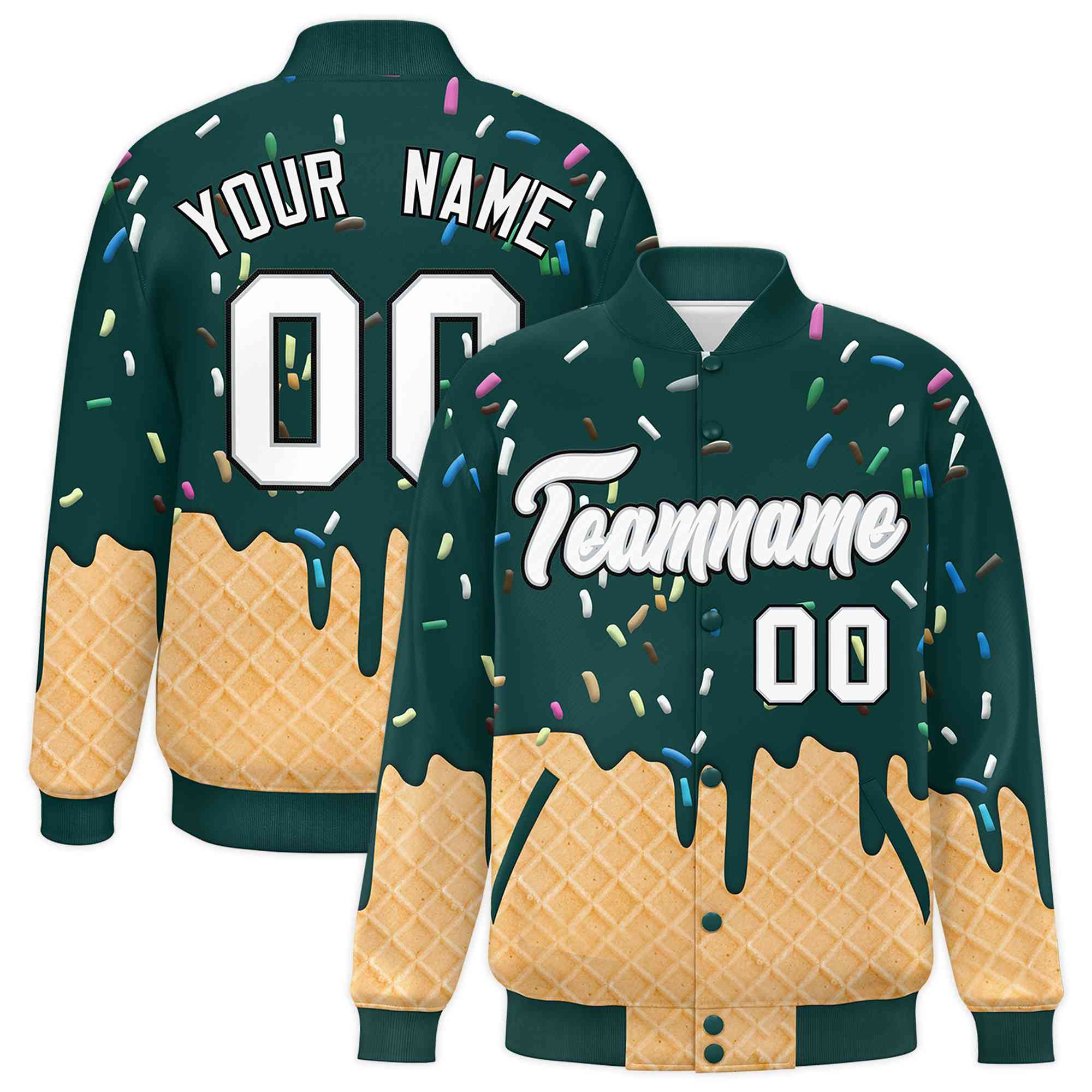 Custom Midnight Green Ice Cream Cone Graffiti Pattern Full-Snap Varsity Letterman Jackets| KXKSHOP