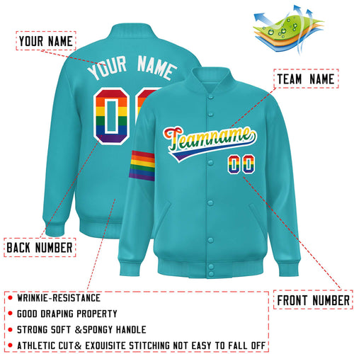 Custom Aqua & Rainbow Rainbow Pride Satin Full-Snap Varsity Jacket - C