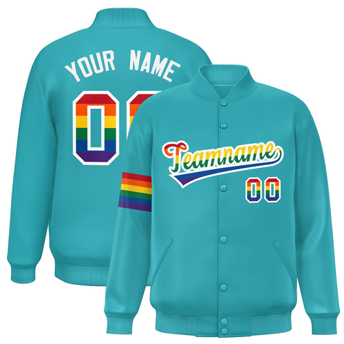 Custom Aqua & Rainbow Rainbow Pride Satin Full-Snap Varsity Jacket - F