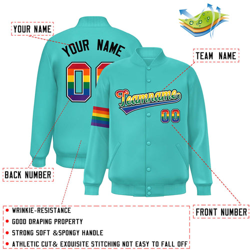 Custom Aqua & Rainbow Rainbow Pride Satin Full-Snap Varsity Jacket - C