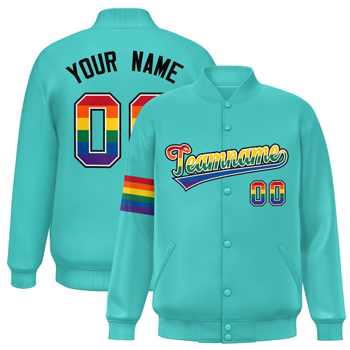 Custom Aqua & Rainbow Rainbow Pride Satin Full-Snap Varsity Jacket - F
