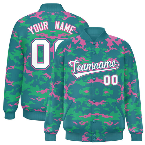 Custom Aqua & Pink & Green Camo Satin Full-Snap Varsity Jacket - F