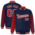 Custom Navy American Flag Satin Full-Snap Varsity Jacket - F