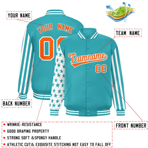 Custom Aqua American Flag Satin Full-Snap Varsity Jacket - C